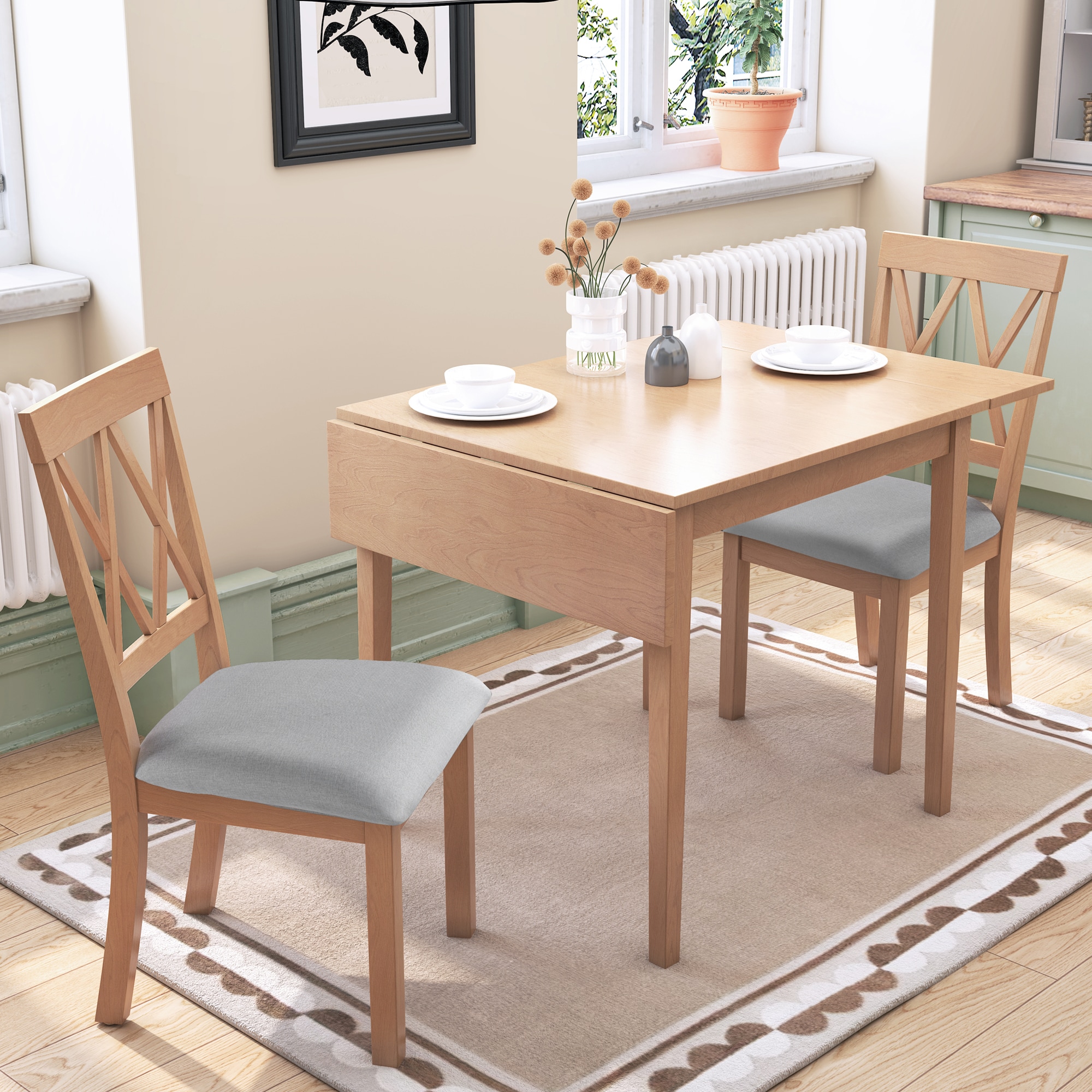 ModernLuxe N752S000617A 3 Piece Kitchen Dining Set with Drop Leaf Dining Table and 2 Dining Upholstered ChairsDining Room Set for Small PlacesNatural