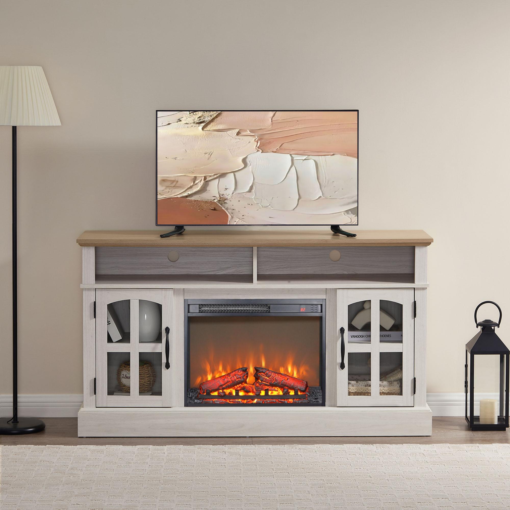 Bayfeve BFCB-176910-FP 58-in W White TV Stand with Fan-forced Flat wall Electric Fireplace with Remote Control Included