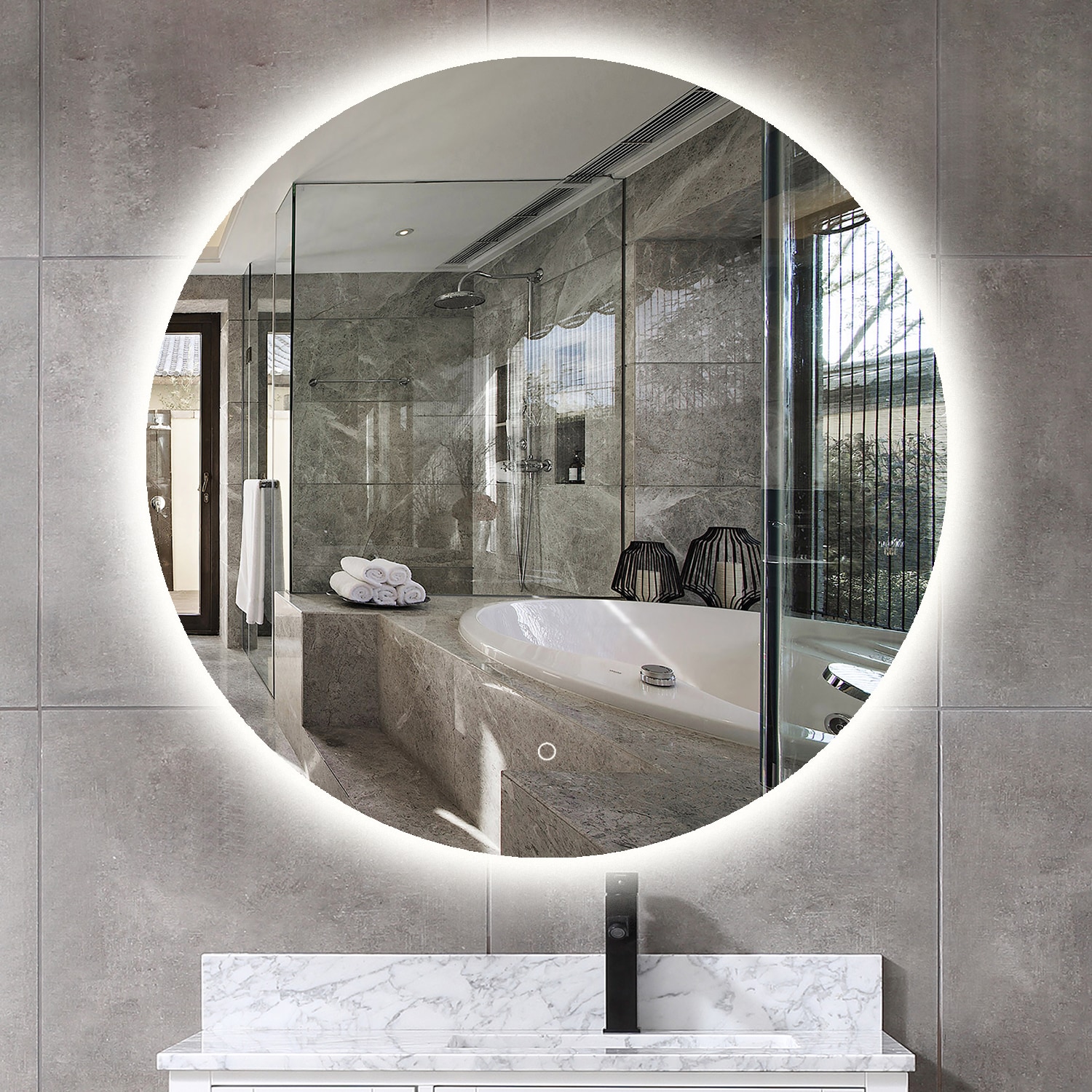 HOMLUX 32 in. W x 32 in. H Round Frameless LED Light with Anti-Fog Wall Mounted Bathroom Vanity Mirror, Silver