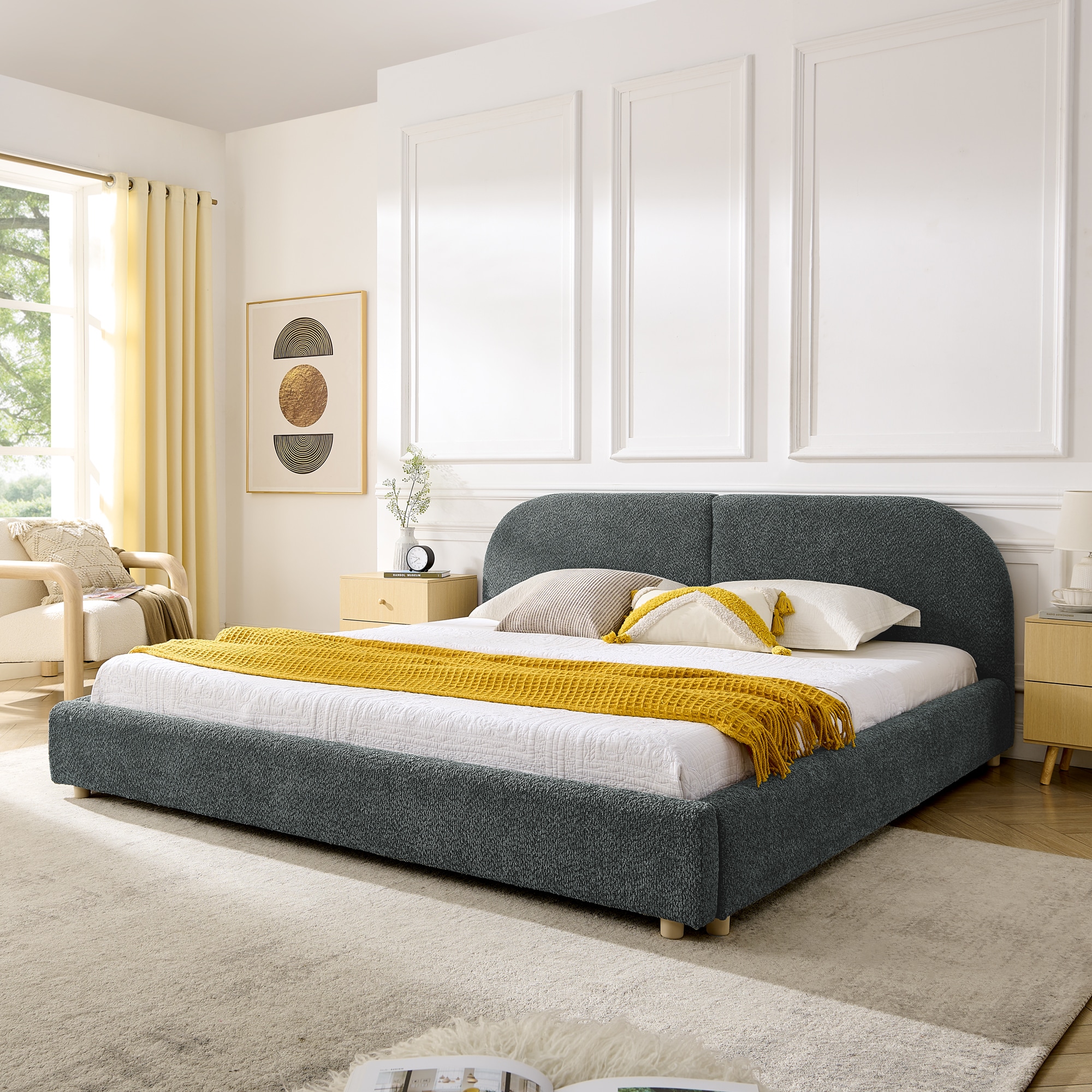 GDFStudio Modern Circle Yarn Upholstered Bed with Tall Curved Headboard and Sturdy Leg Support - King Size - Dark Gray