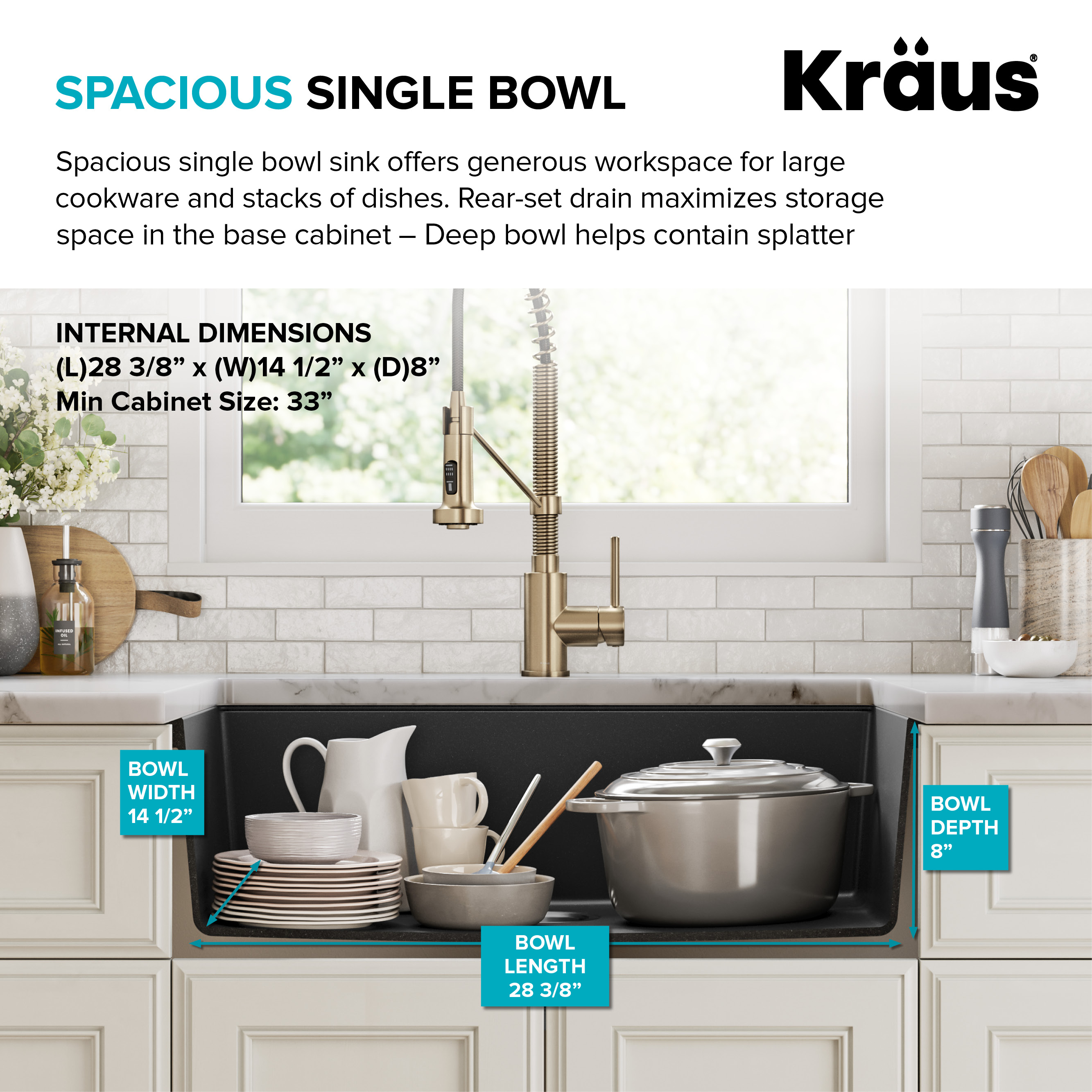 31 Inch Undermount Single Bowl Black Granite Kitchen Sink