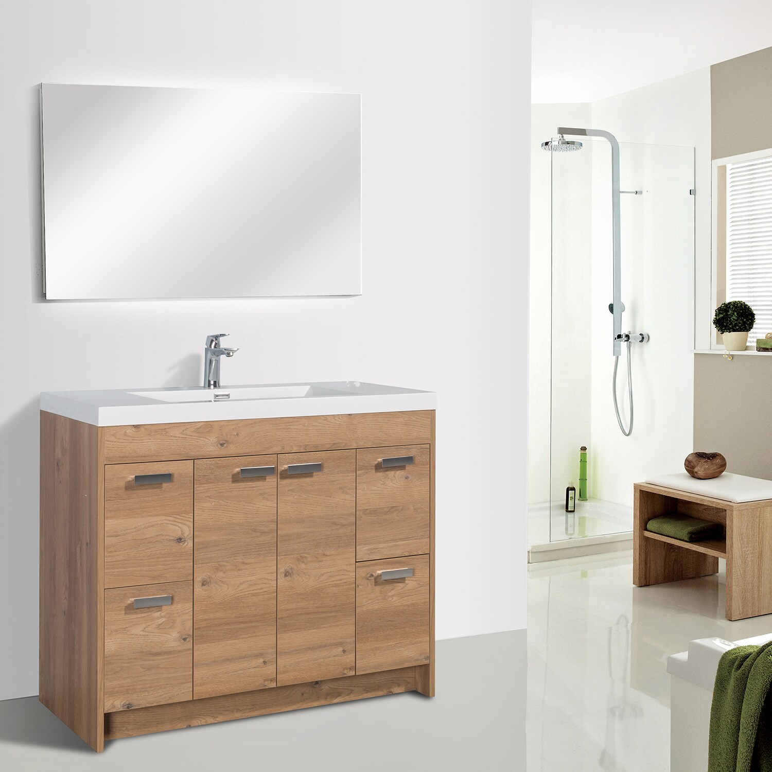 Natural Oak 42'' Single Bathroom Vanity with White Acrylic Top