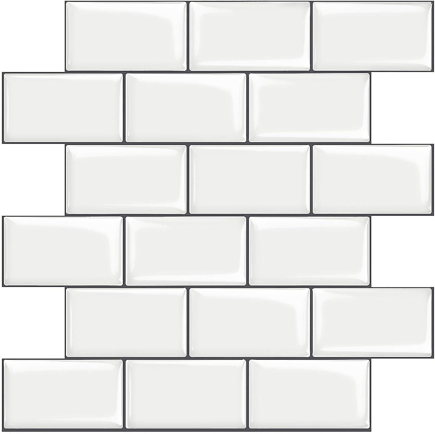 MaseiKar Subway Tile Peel and Stick Backsplash 10-Sheet 12x12-In Thicker Self-Adhesive Wall Tile for Kitchen Bathroom in Warm White with Grey Grout