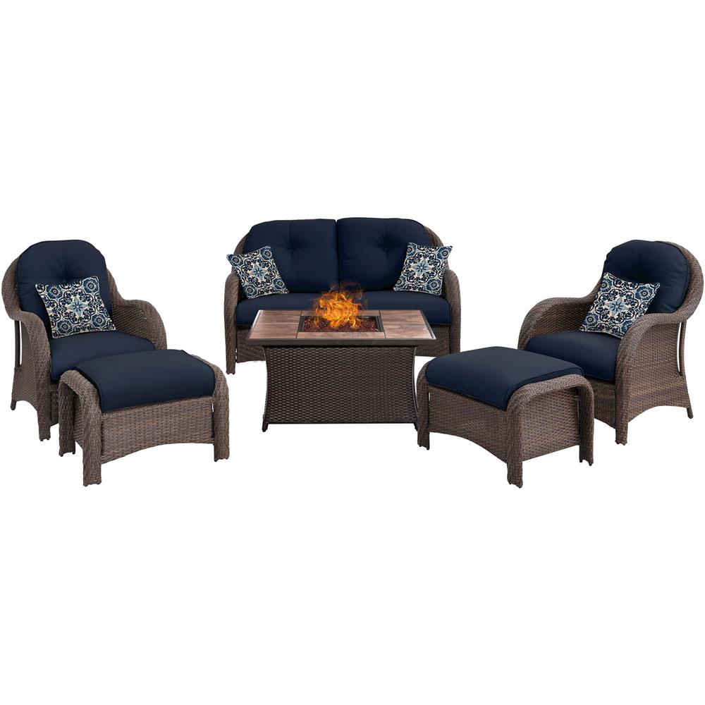 Hanover NEWPT6PCFP-NVY-TN Newport 6-Piece Patio Conversation Set with Blue Cushions
