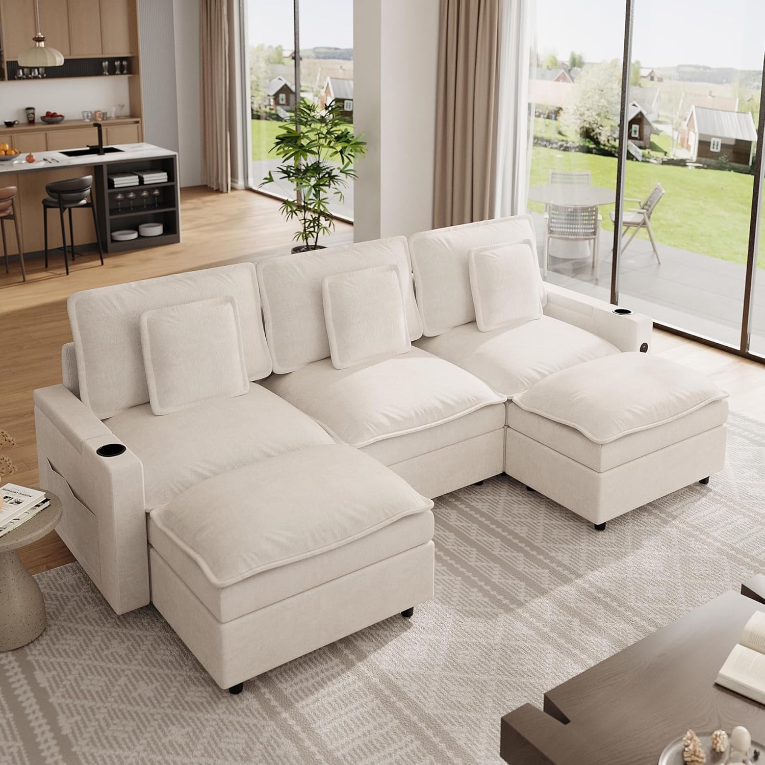 Qeetex LHF-SF-QTY9U8028 Sectional Couches for Living Room - 108 Inch Cloud Modular Sectional Sofa - U-Shaped Chenille Deep Seat Sofa with Storage Armrests and Charging Ports - Movable Ottoman and Cup Holder Included - Beige