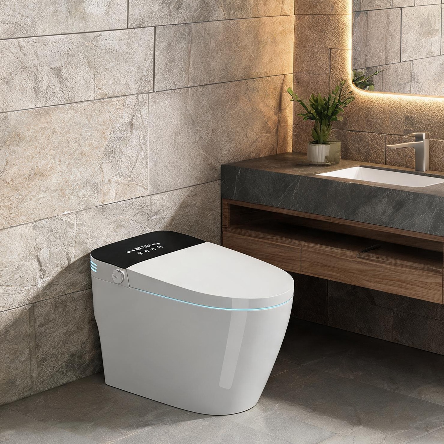Naturefalls - Ceramic elongated tankless smart toilet with heated seat and bidet in soft white