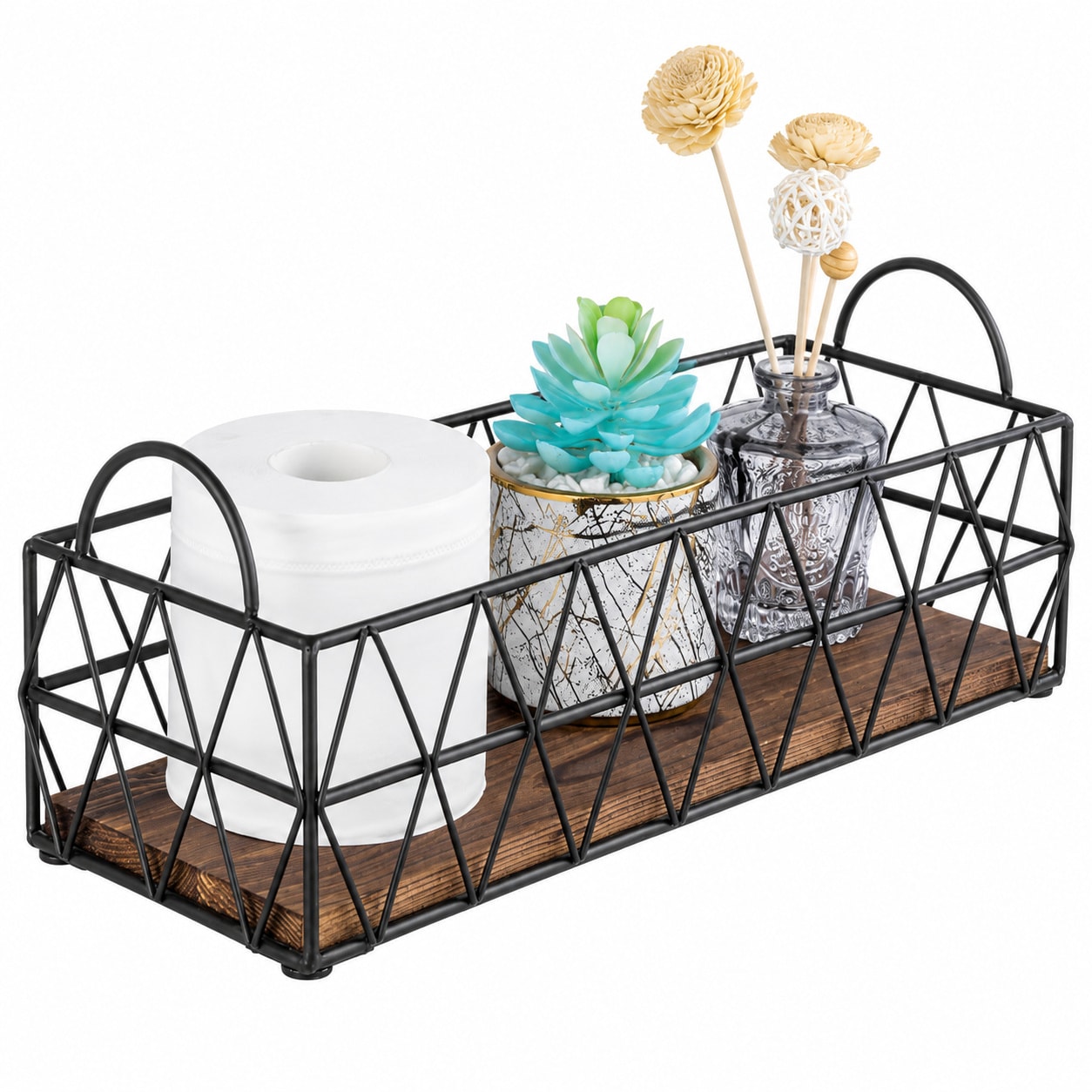 Paradigms Interiors 16 Inch Black Metal Geometric Wire Toilet Tank Tray With Wood Base And Handles #514068540717