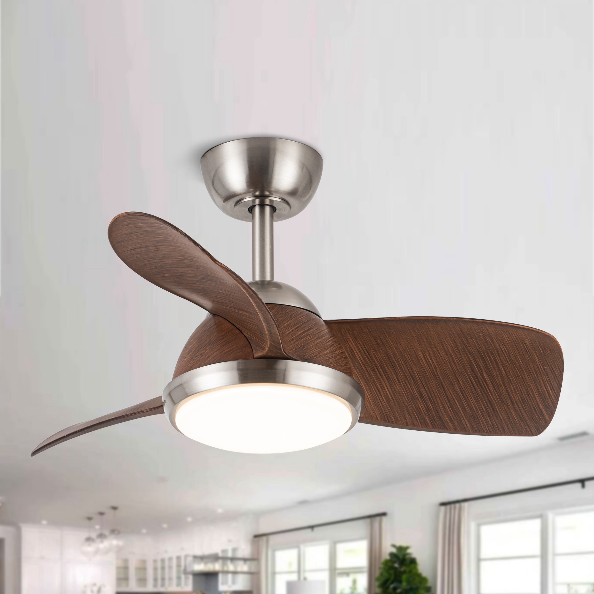 Parrot Uncle F6336110V 30-in Satin Nickel with Dark Brown Blades Integrated LED Indoor Propeller Ceiling Fan with Light and Remote (3-Blade)
