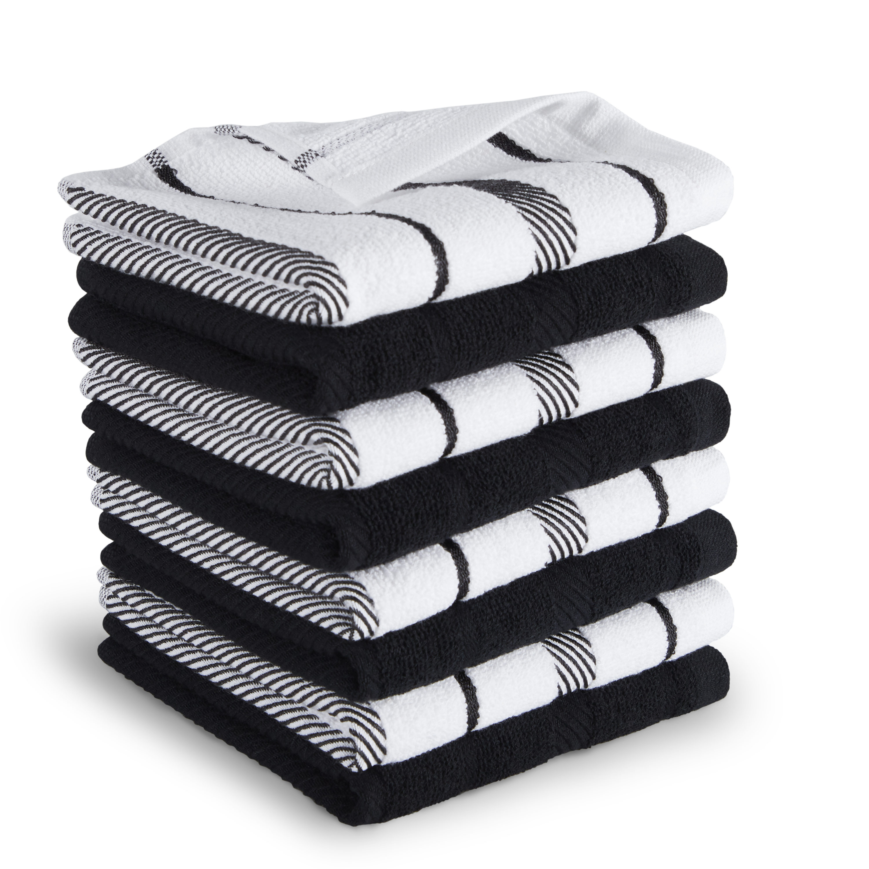 Gem Imports Terry Cotton Tea Towel Kitchen Cleaning Dish Cloths Drying Packs. Black & white 