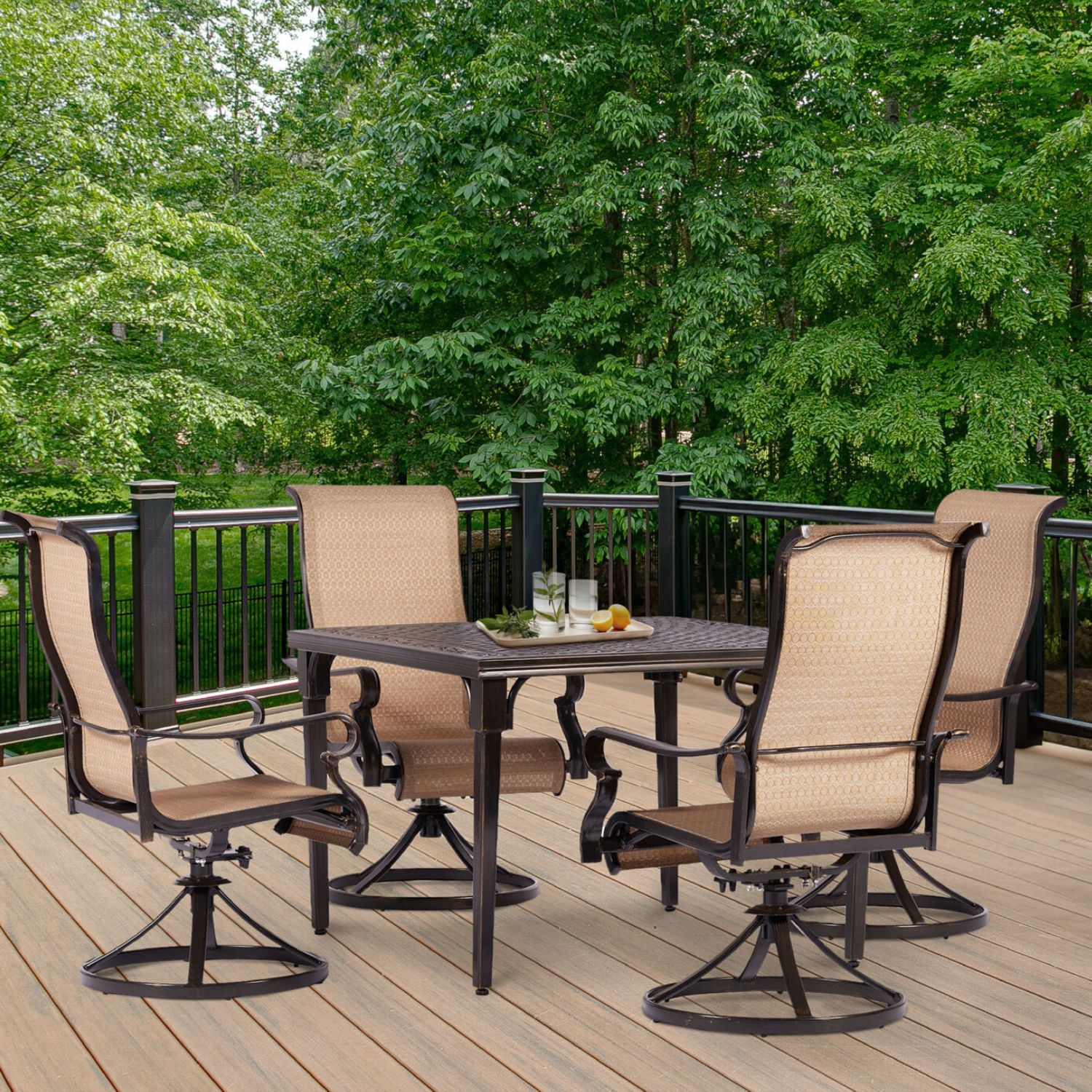 Hanover BRIGDN5PCSWSQ Brigantine 5 -Piece Espresso Bean Patio Dining Set Aluminum Square Table with 4 Tan Swivel Rocker Chairs