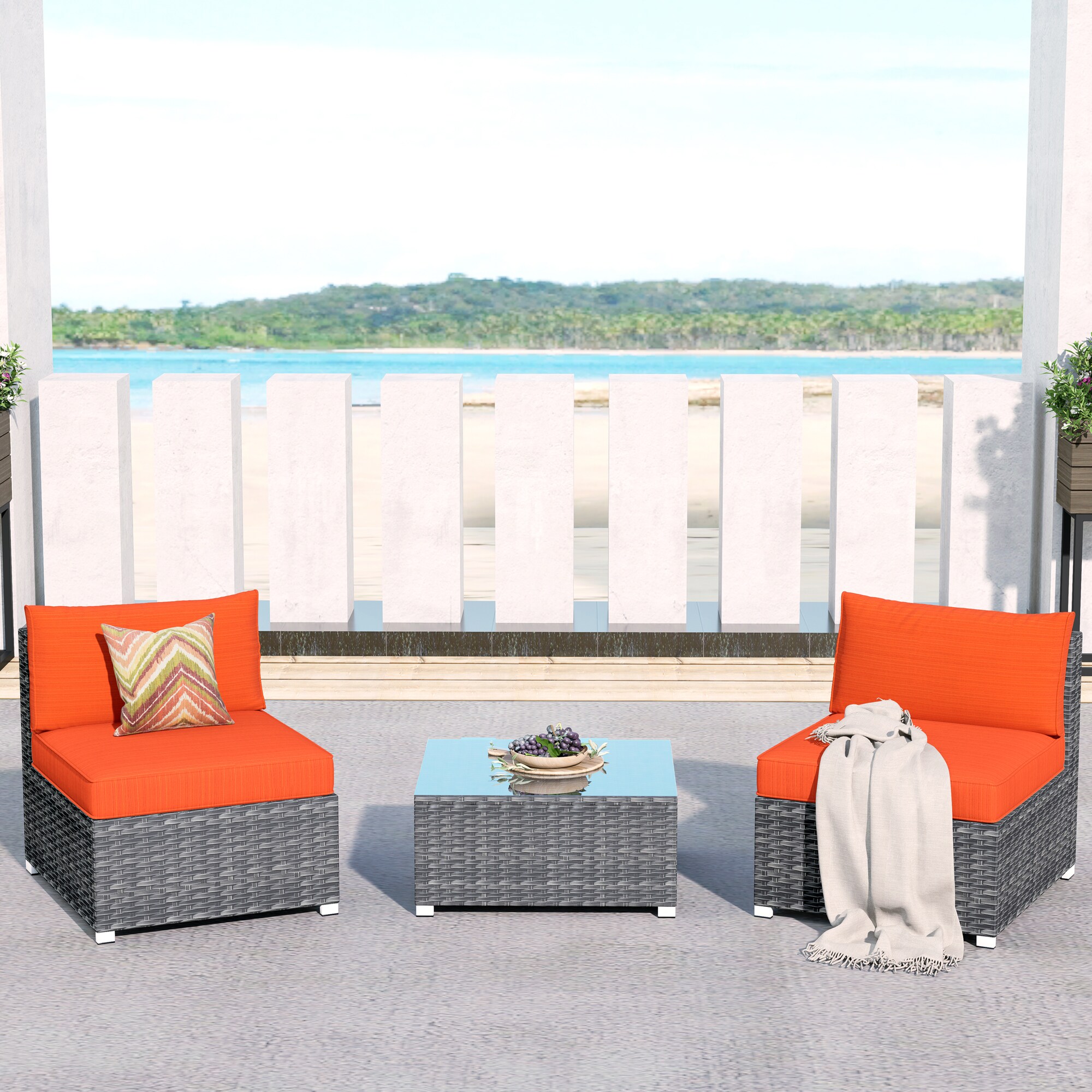Pouuin SHOP8-BOX2 Set of 2 Wicker Gray Wicker Frame Stationary Conversation Chair with Red Cushioned Seat