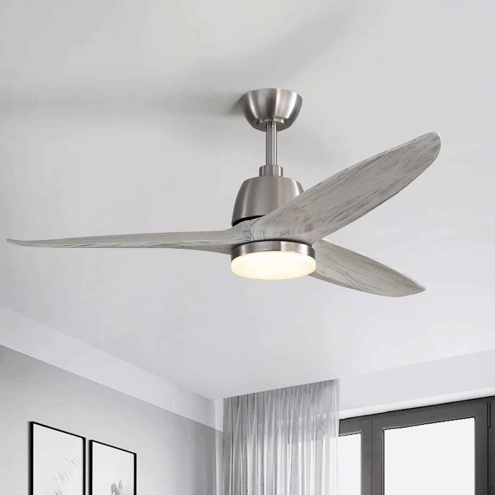Sofucor LS-56K001-BN-HMW-60W 56-in Color-Changing Integrated LED Gray with wood Blades Ceiling Fan With Light and Remote ( 3 -Blade )