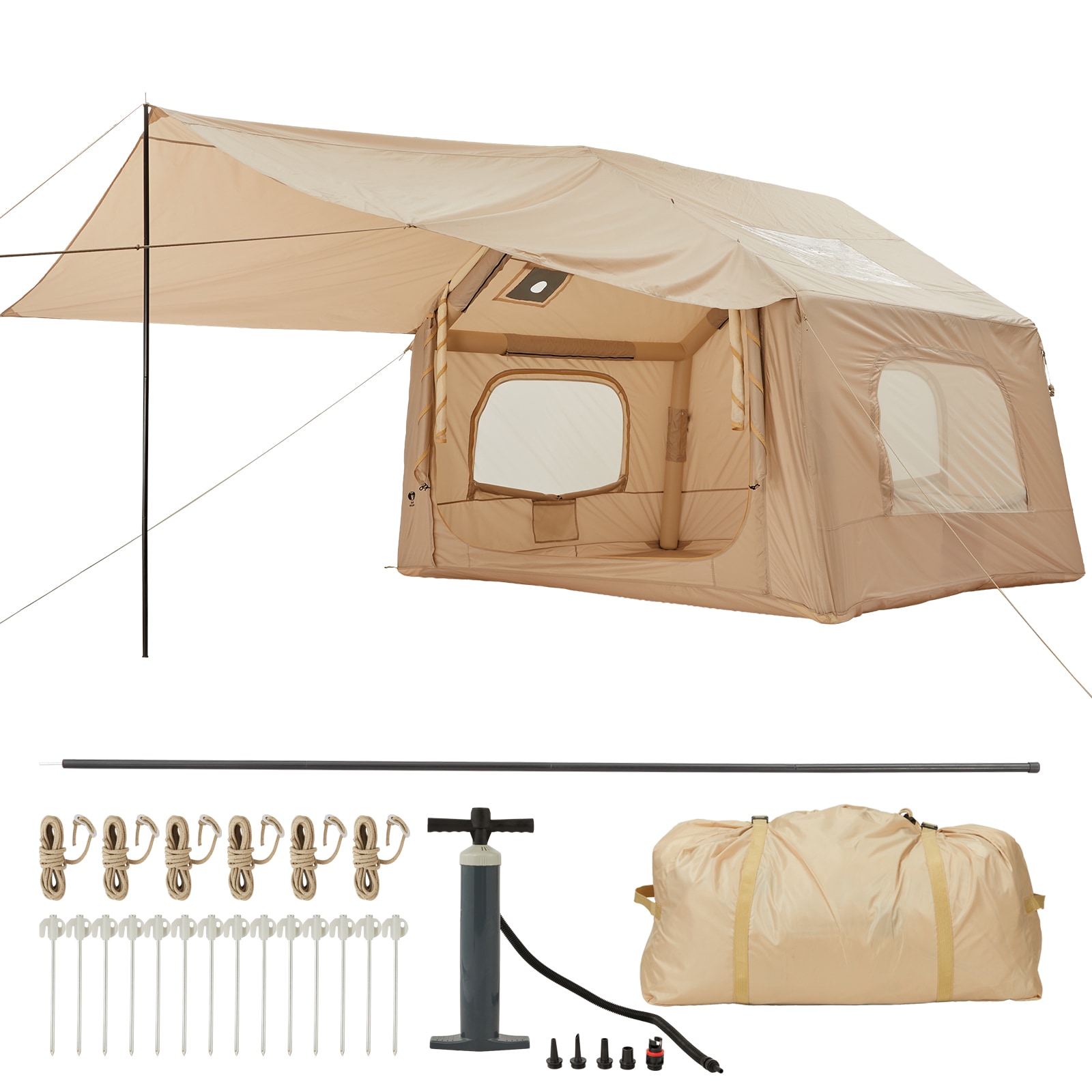 Aoile Quick Setup 4 to 6 Person Inflatable Camping Tent Air Beam Glamping Shelter with Stove Jack Awning