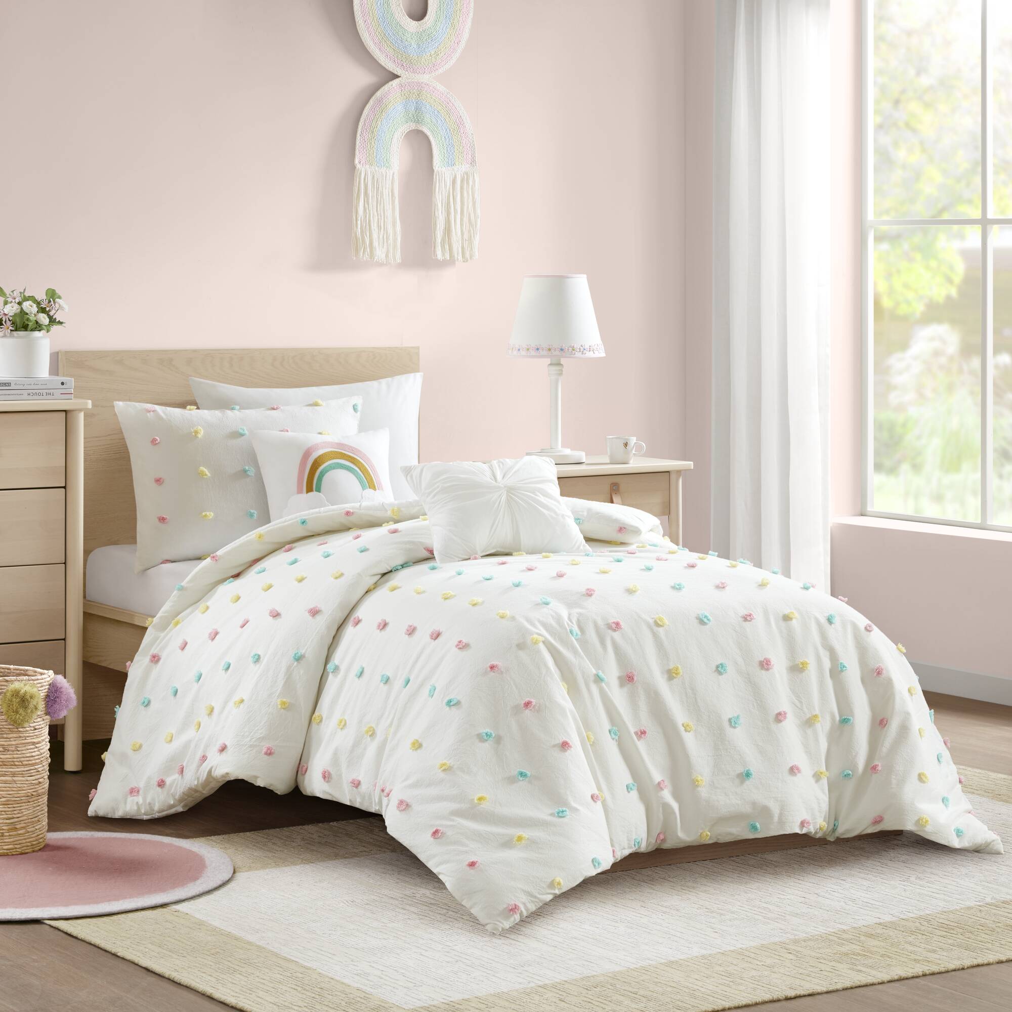 Cozy Cotton Twin Pom Pom Kids' Quilt Set in White