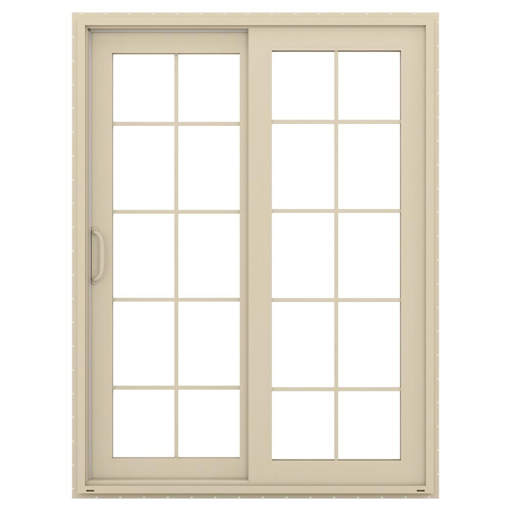 JELD-WEN 60-in x 80-in x 4-9/16-in Jamb Low-e Argon Simulated Divided Light Almond Vinyl Sliding Left-Hand Sliding Double Patio Door Screen Included -  LOWOLJW155900019