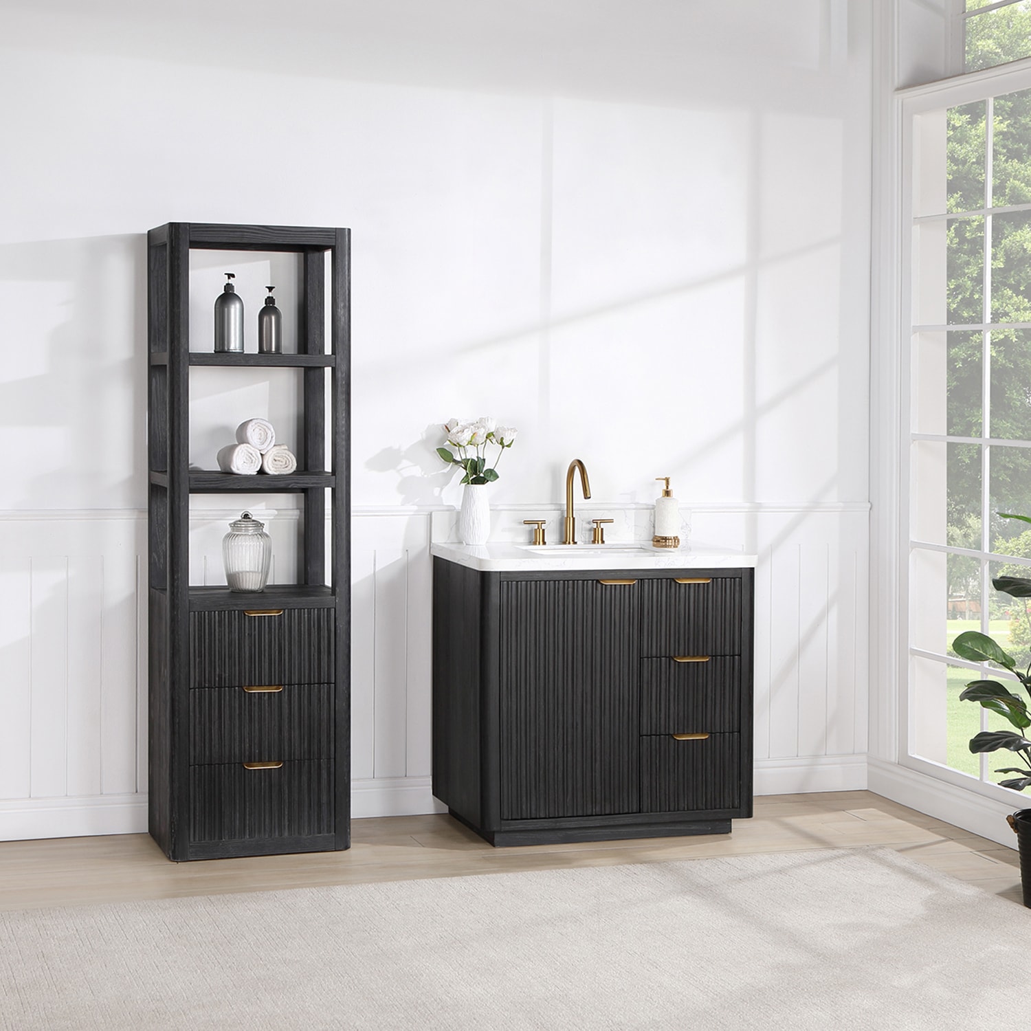 Cadiz 36-inch Black Oak Single Sink Vanity with White Engineered Stone Top