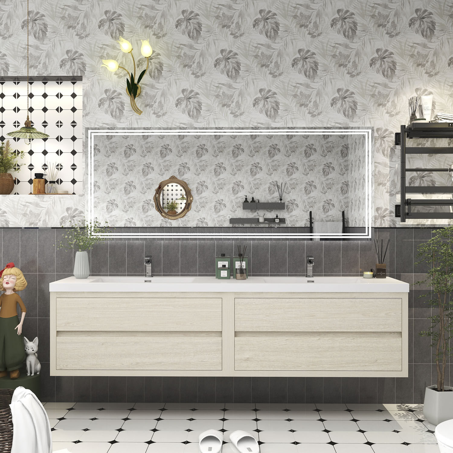 BV Better Vanity - Louis 84-in Light Wood Double Sink Bathroom Vanity with White Acrylic Top (Ful...