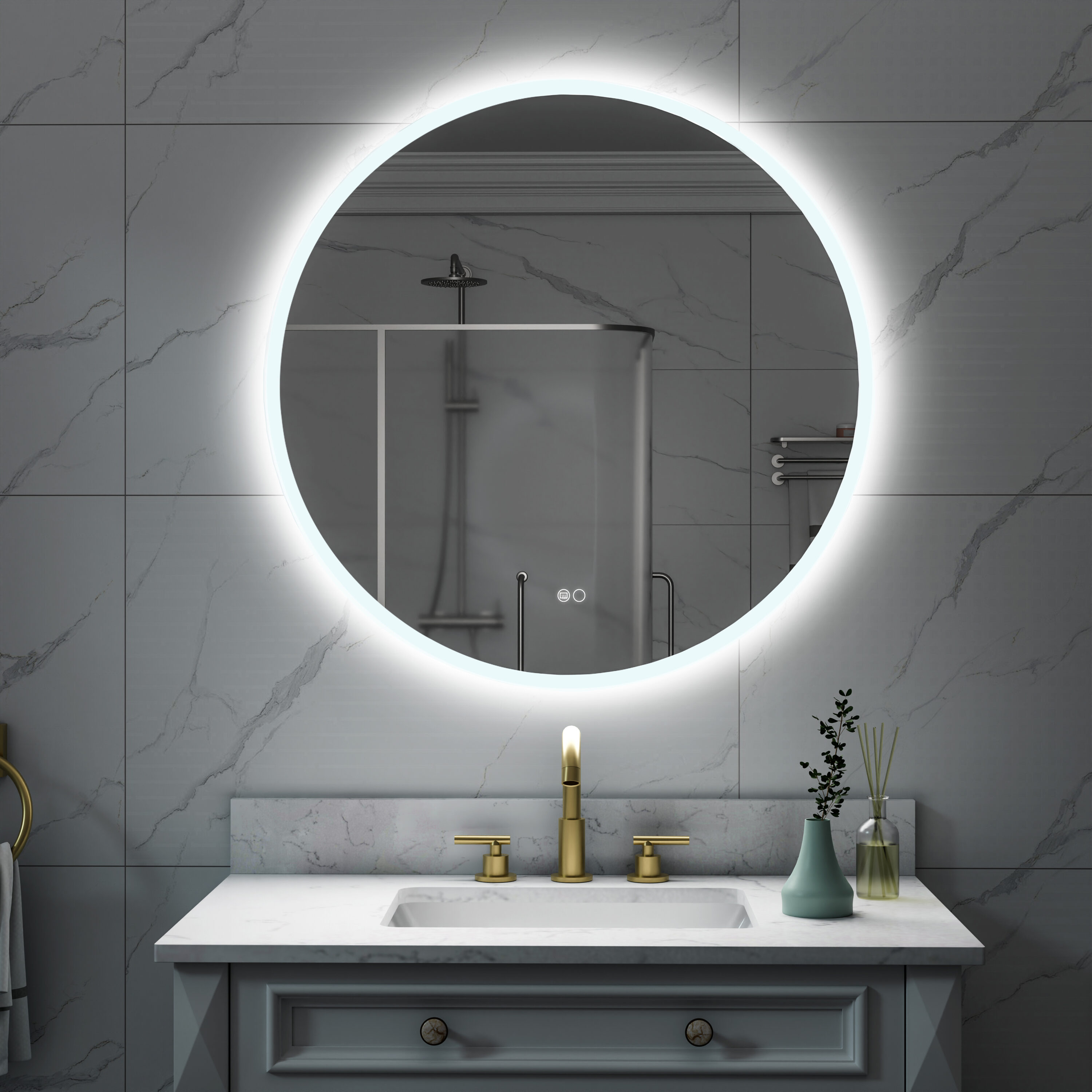 Forclover MRC-W10A3232 32-in x 32-in Polished Frameless Round Dimmable LED Lighted Fog Free Bathroom Vanity Mirror ( White )