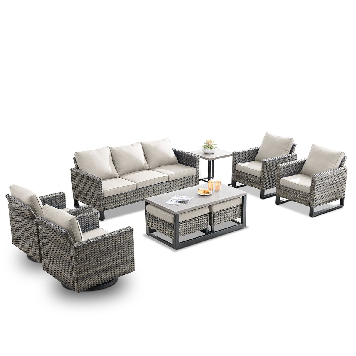 Rilyson FS062063069065070-2 9 -Piece Wicker Patio Sofa Conversation Set with Off-white Cushions