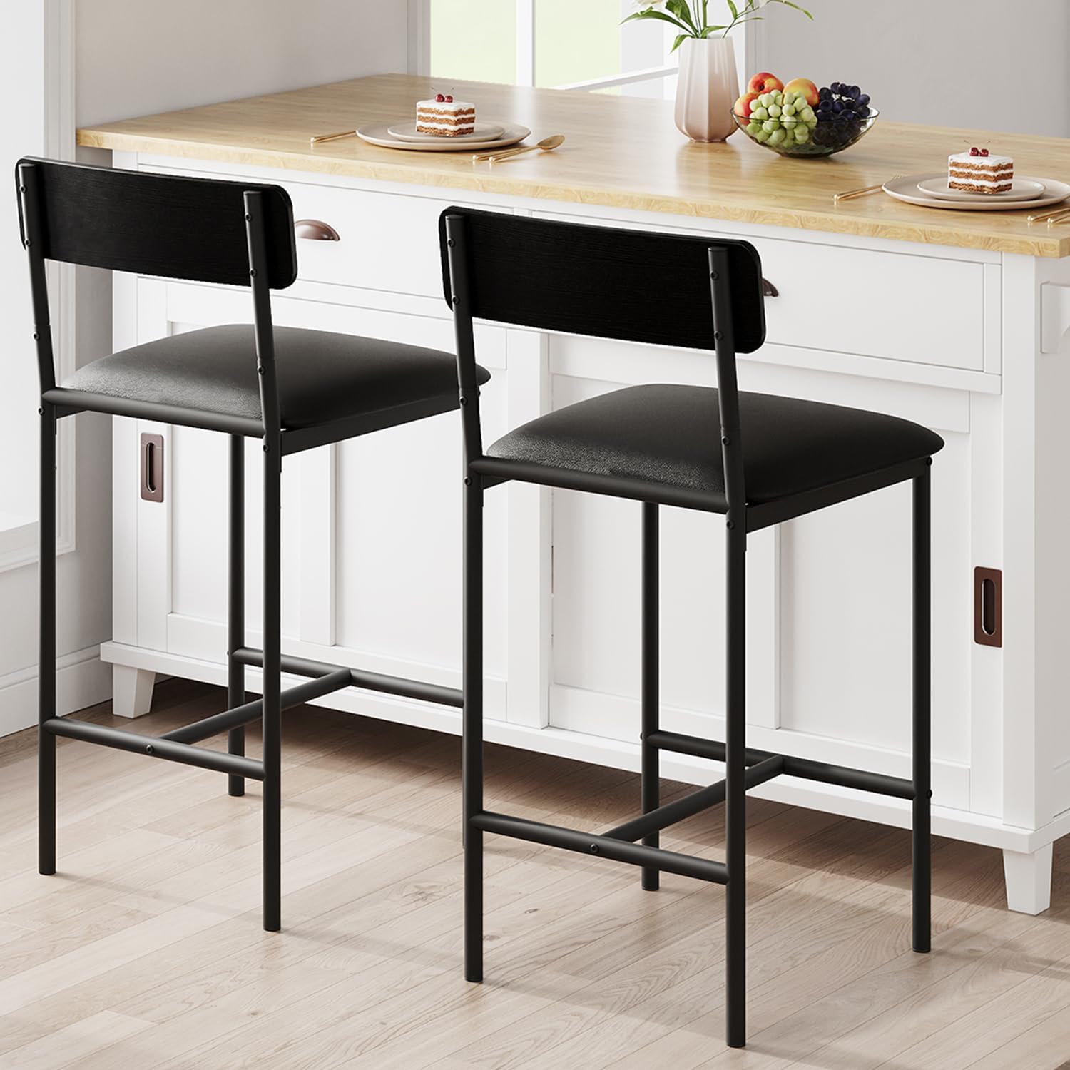 Qeetex LHF-YZ-PHO-0YDDFSUM Bar Stools Set of 2 - Kitchen Bar Stools with Footrest - PU Upholstered Counter Height Barstools - Bar Chairs with Back for Kitchen Island/Apartment/Counter Bar - Easy Assembly - Black