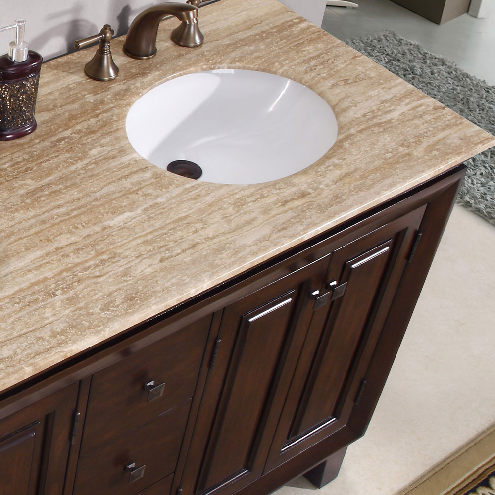 Silkroad Exclusive 55-in Dark Walnut Undermount Double Sink Bathroom Vanity  with Travertine Top in the Bathroom Vanities with Tops department at