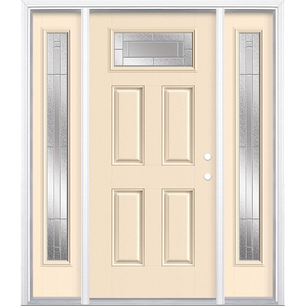 Masonite 3420043 Focus 64-in x 80-in x 4-9/16-in Fiberglass 1/4 lite Left-hand inswing Bisque Painted Prehung Front Door with Sidelights with Brickmould Insulating core
