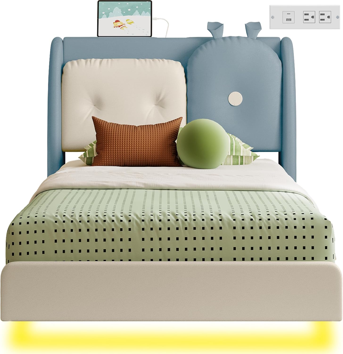Likimio RSPAP8TBM6FX5Y0V 43.7-in W Blue Twin Floating Bed Frame with Leather Upholstered Headboard and LED Light