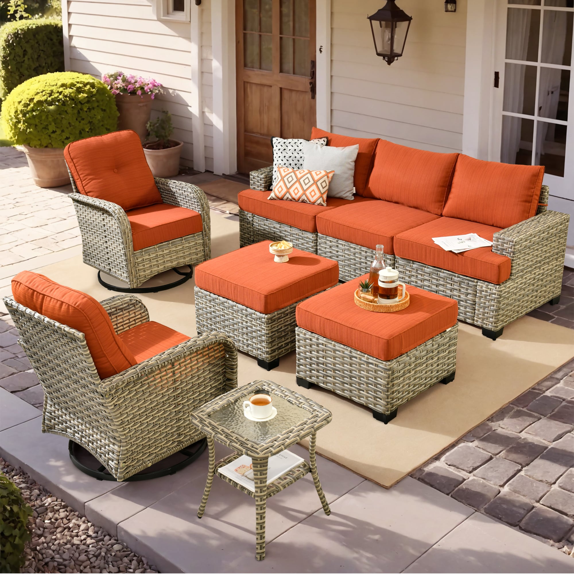 Caodoc L5-VYZTBS808-1 VYZTBS Rattan Outdoor Sectional with Orange Cushions and Wicker Frame