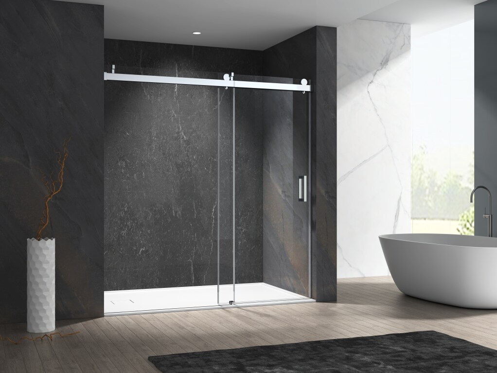 CASAINC CVY-SS08-60CH Shower Door Chrome 57-in to 60-in W x 76-Inches H Frameless Standard Sliding Soft Close Shower door 3/8-in Thick Clear Glass