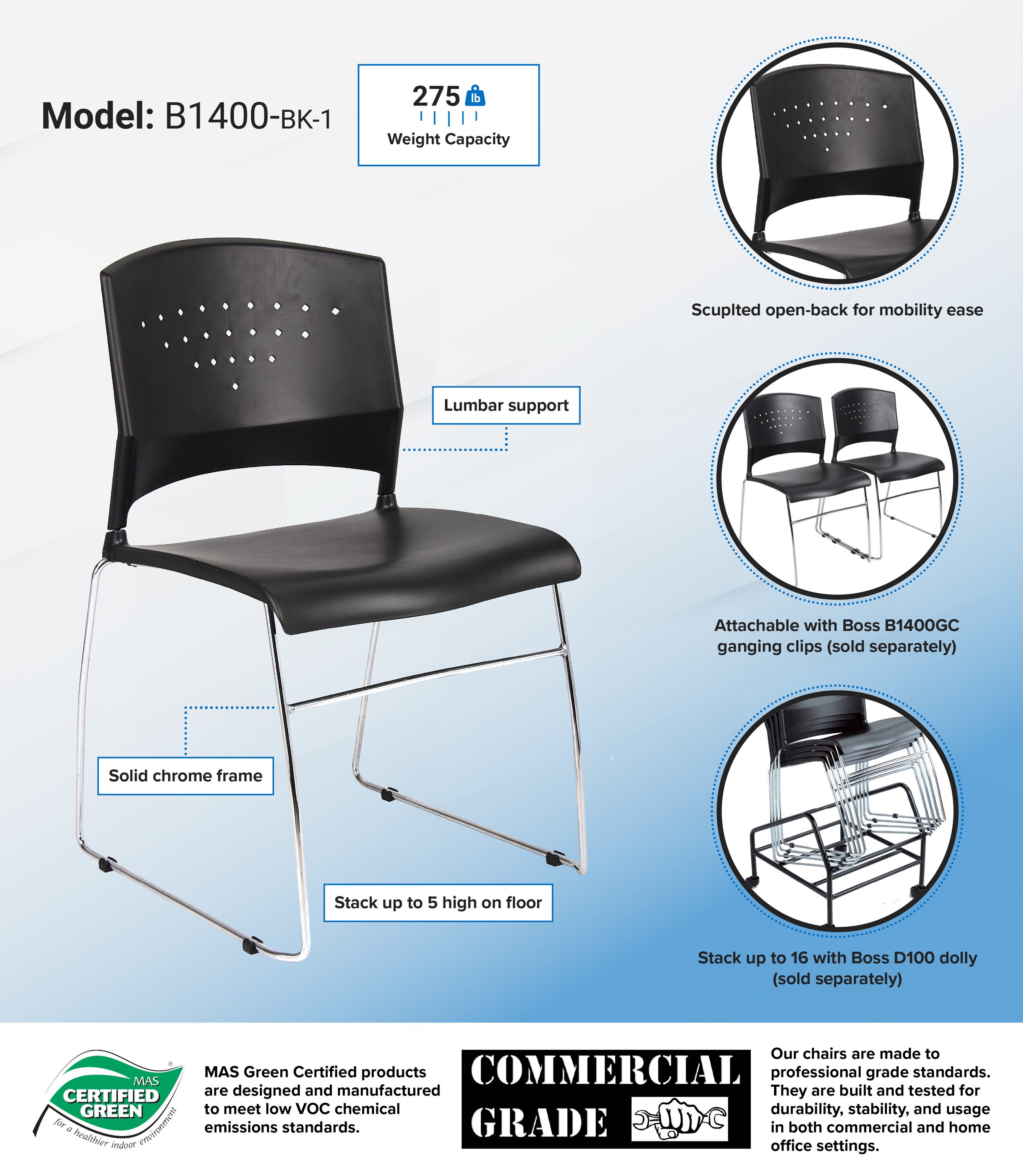 Black Vinyl and Metal Armless Stacking Chairs, Set of 2
