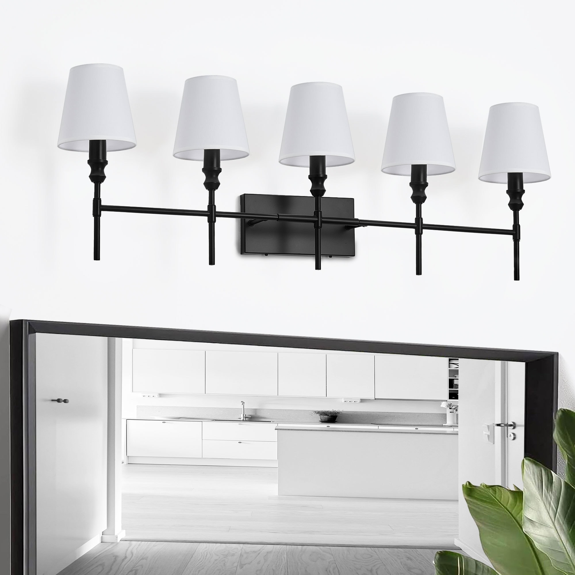 LOBREG  Matte Black Bathroom Vanity Light   40.9 in. 5-Light Indoor Wall Sconce with White Fabric Shades for E12 Bulbs Dimmable Wall Lamp