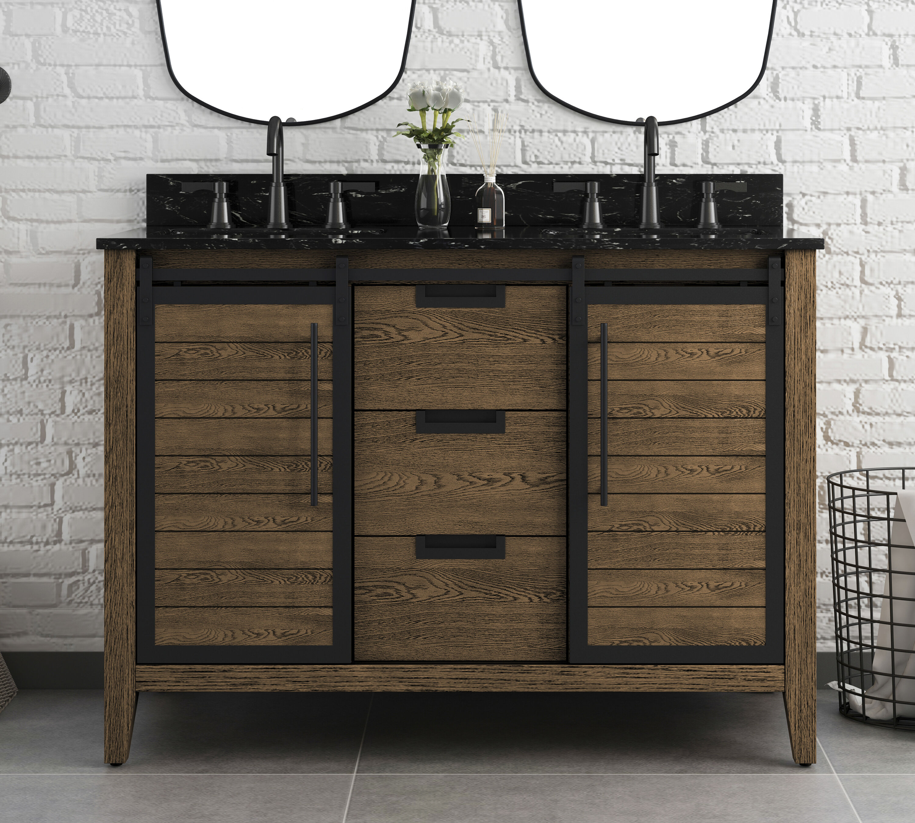 allen + roth TJ-0113V4822BR Haverhill 48-in Summer Oak Undermount Double Sink Bathroom Vanity with Black Engineered Marble Top