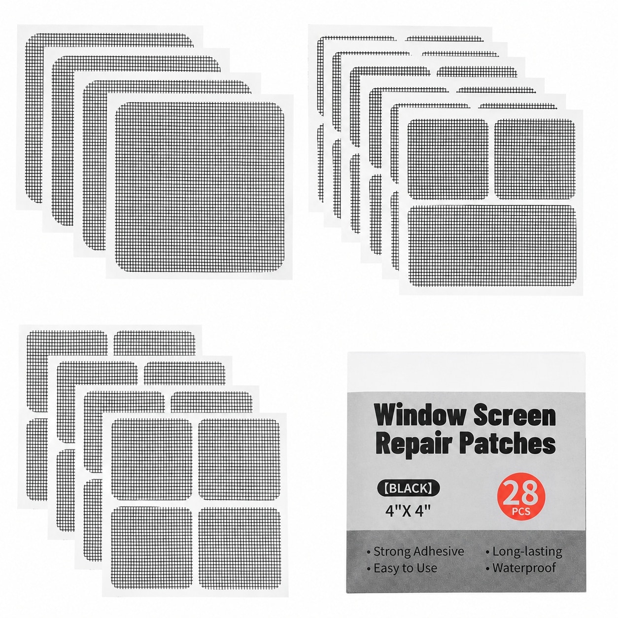 KHKFY  28 Sheet Window Screen Repair Kit Strong Adhesive Fiberglass Mesh Patch for Door and Window Three Sizes Waterproof for Indoor Outdoor