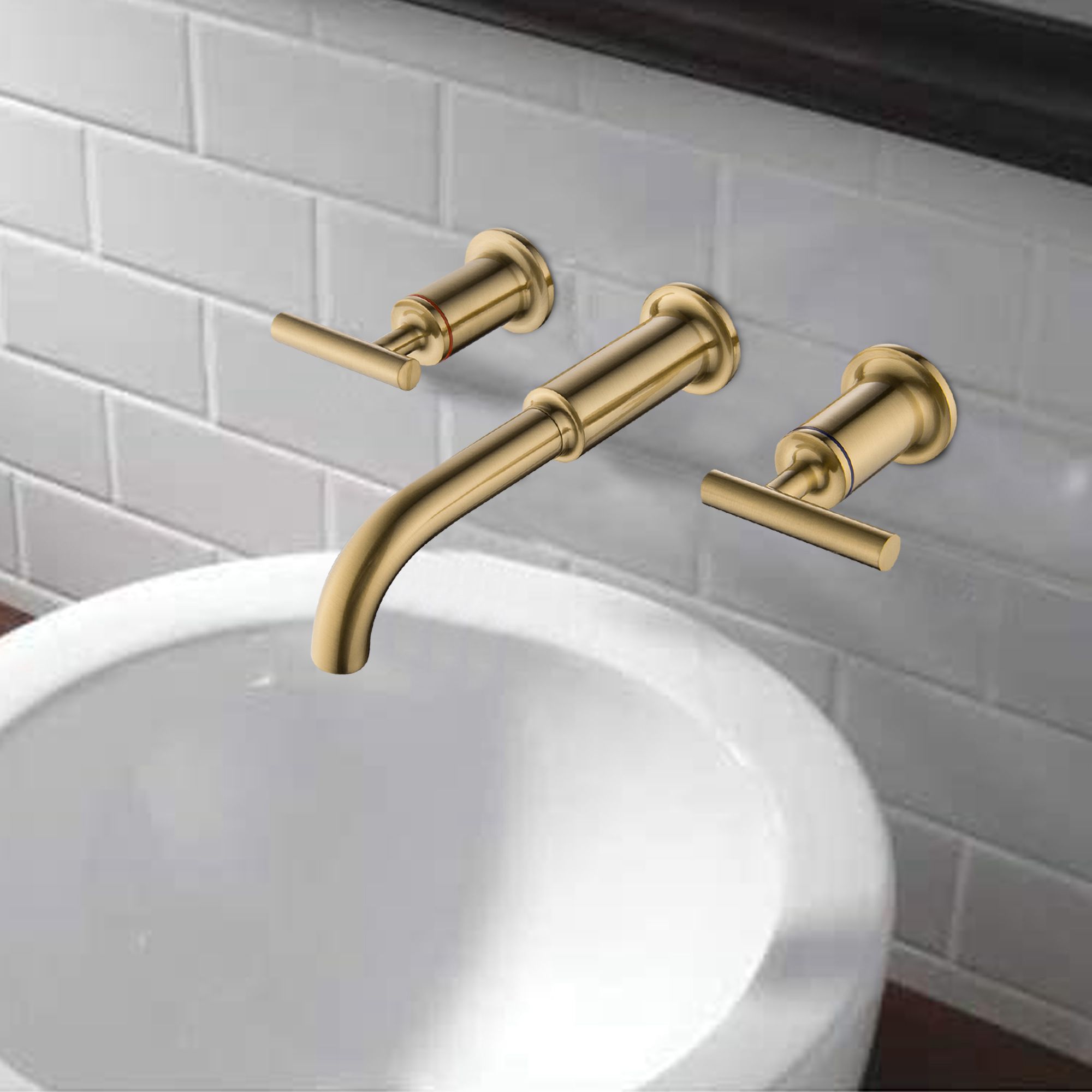 WELLFOR Brushed Gold Wall-mount 2-Handle Bathroom Sink Faucet in the ...