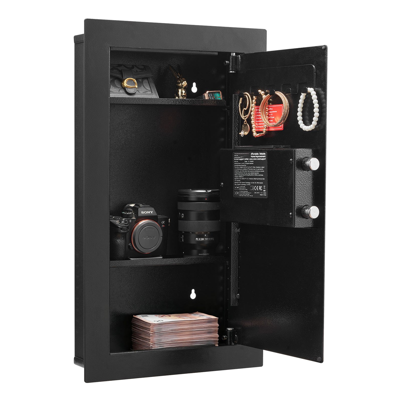 Mecale Wall Safe Hidden Between Studs 3 Shelves Password and Key Q235 Cold-Rolled Steel Black
