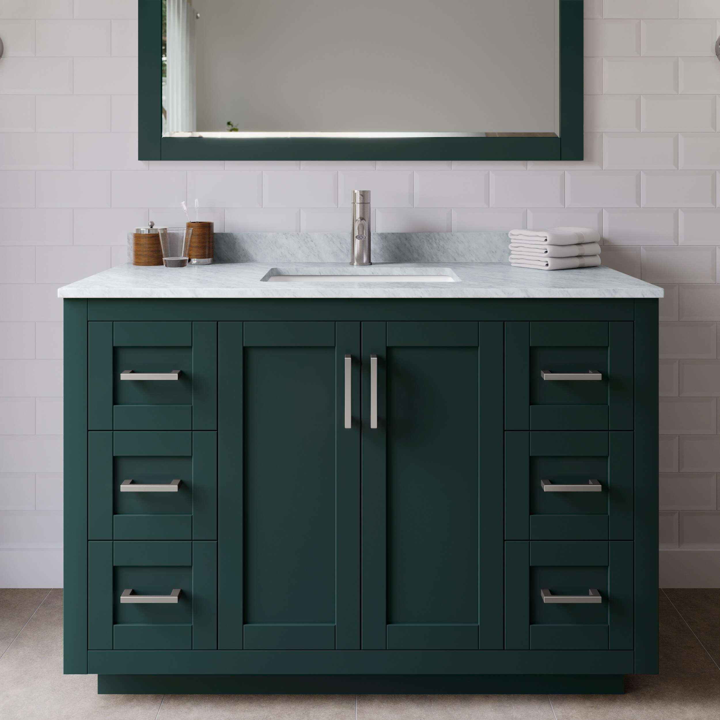 Wyndham Collection WCF292948SGECMUNSMXX Miranda 48-in Green with Brushed Nickel Trim Undermount Single sink Bathroom Vanity with White Carrara Marble Marble Top