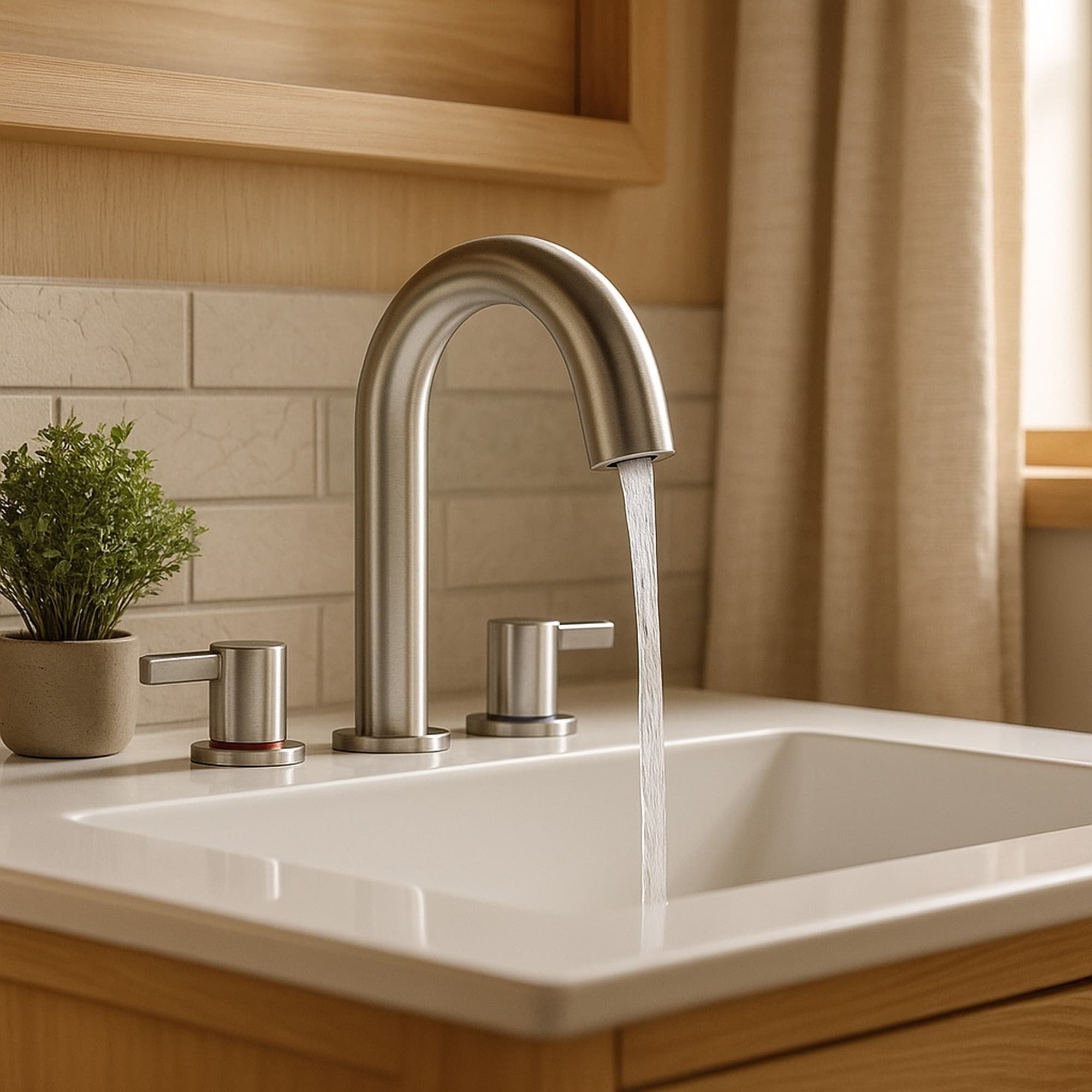 IAK 8 inch Brushed Nickel Stainless Steel Widespread Lavatory Faucet with 360 Degree Swivel Spout and Pop-Up Drain