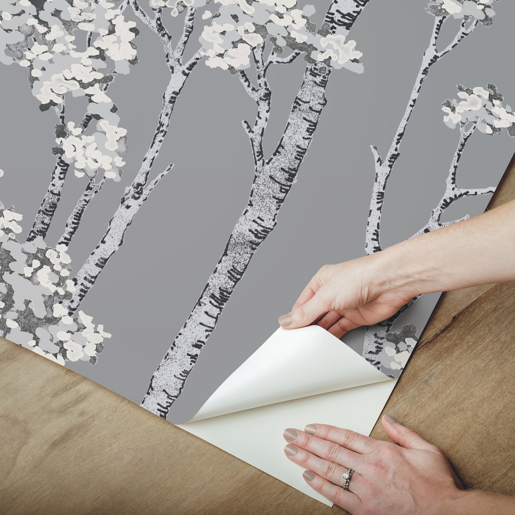 Grey Birch Grove Vinyl Peel and Stick Wallpaper Roll