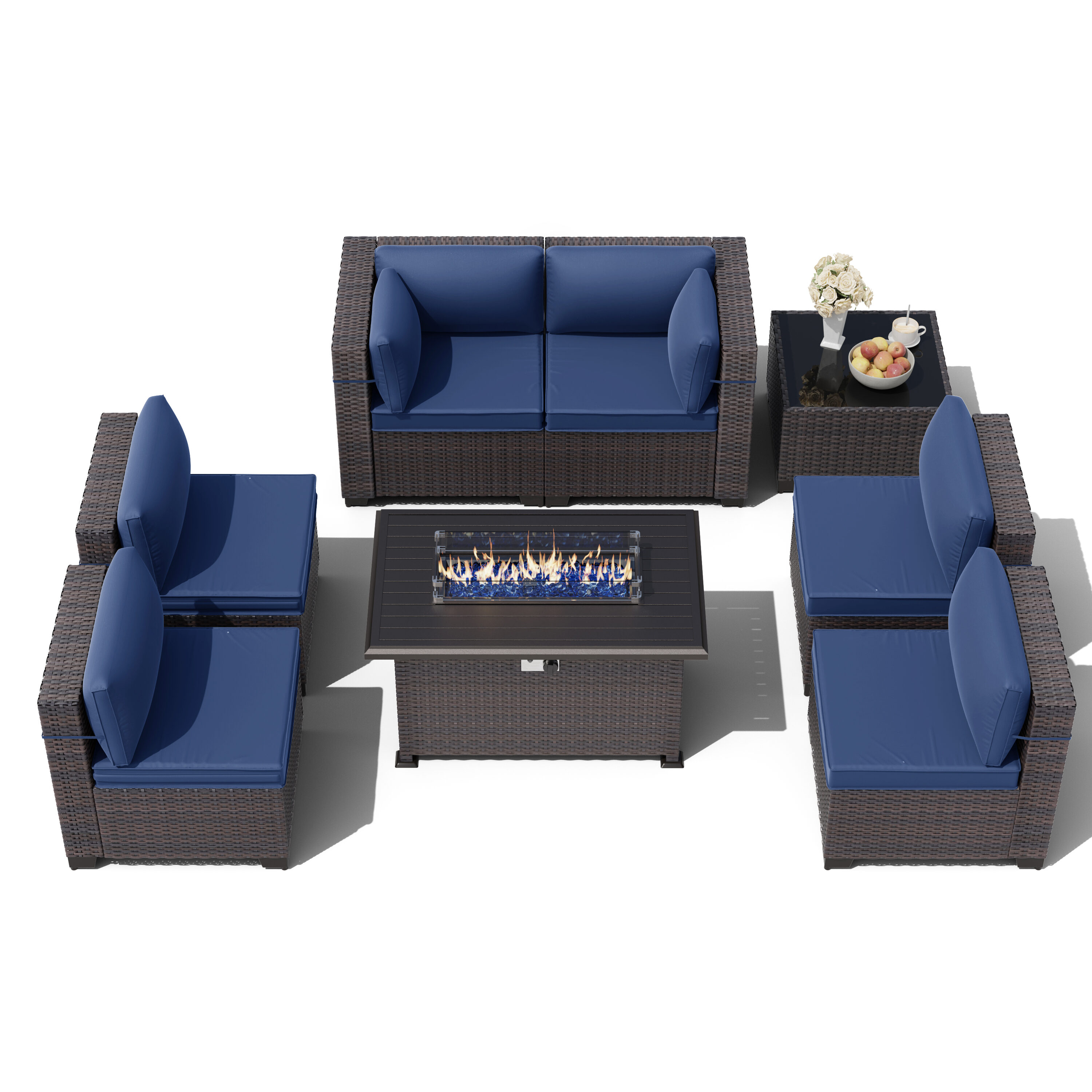 ALAULM LS-7+FP-NAVY 8 -Piece Rattan Patio Conversation Set with Blue Cushions