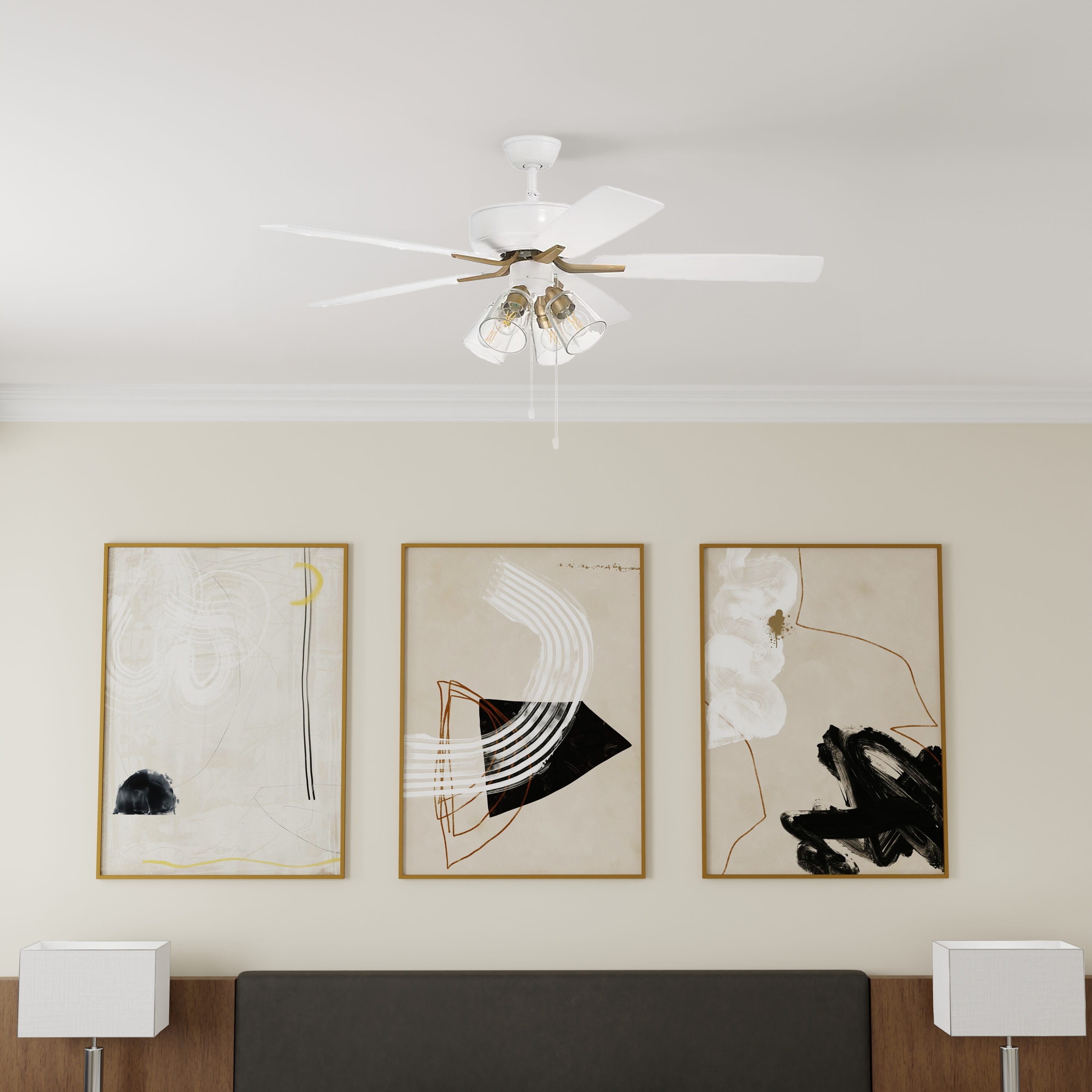 White Satin Brass 52" Ceiling Fan with Clear Glass Light