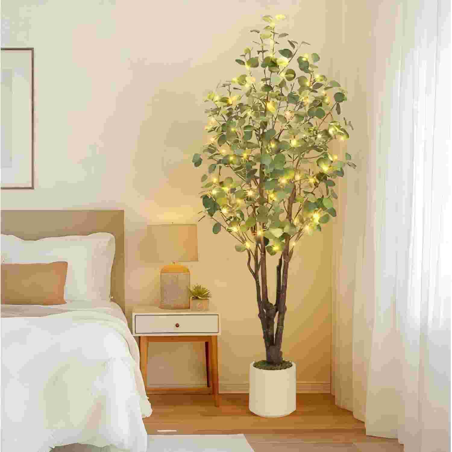 WhizMax DF-PHK-33YM5S9F Artificial Eucalyptus Tree-6ft Tall Fake Artificial Plant with White Planter-Large Faux Floor Plant Fake Silk Trees with 50 Lights Artificial Trees for Home Decor Indoor