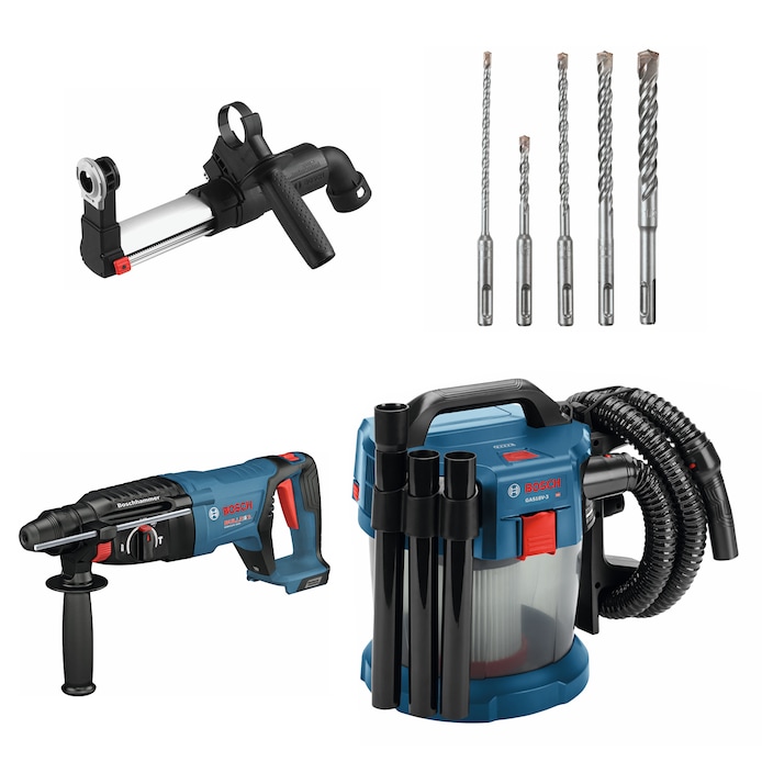Bosch  GBH18V-26DN 18V Brushless SDS-plus Bulldog™ 1 In. Rotary Hammer (Bare Tool), HDC100 SDS-Plus Dust Collection Attachment, GAS18V-3N 18V 2.6 Gallon Vacuum (Bare Tool), and HCK005 5-Piece Assorted Set SDS-Plus Bulldog Rotary Hammer Bits
