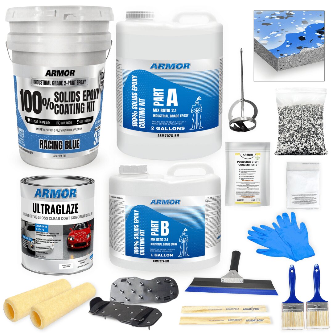 Armorpoxy 600 SQ FT Commercial Grade, Ultra Thick, 2 Layer 2-part Racing Blue With Flakes Epoxy Concrete and Garage Floor Paint ( 3-gallon )