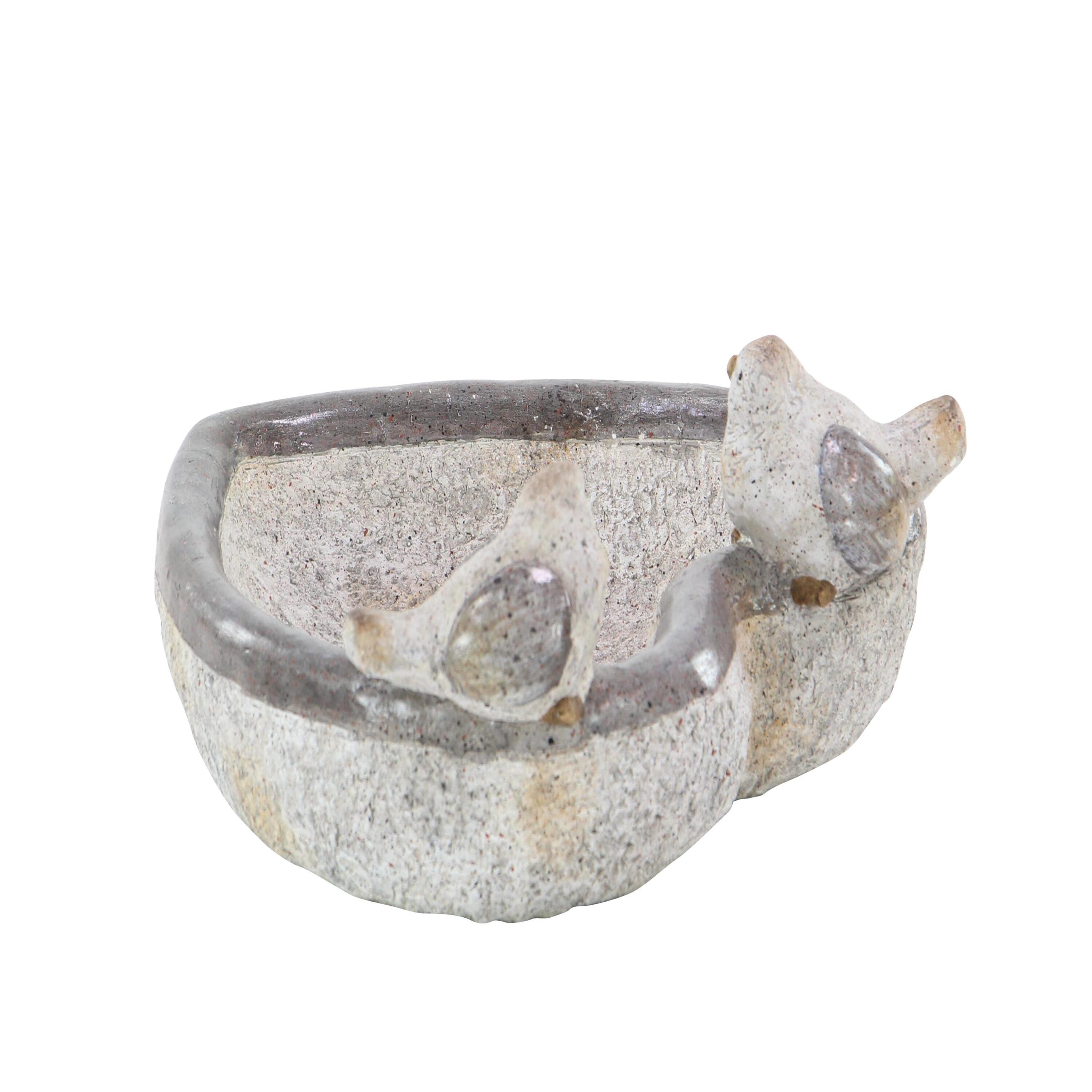 Gray Polystone Bird Garden Sculpture with Bath Bowl