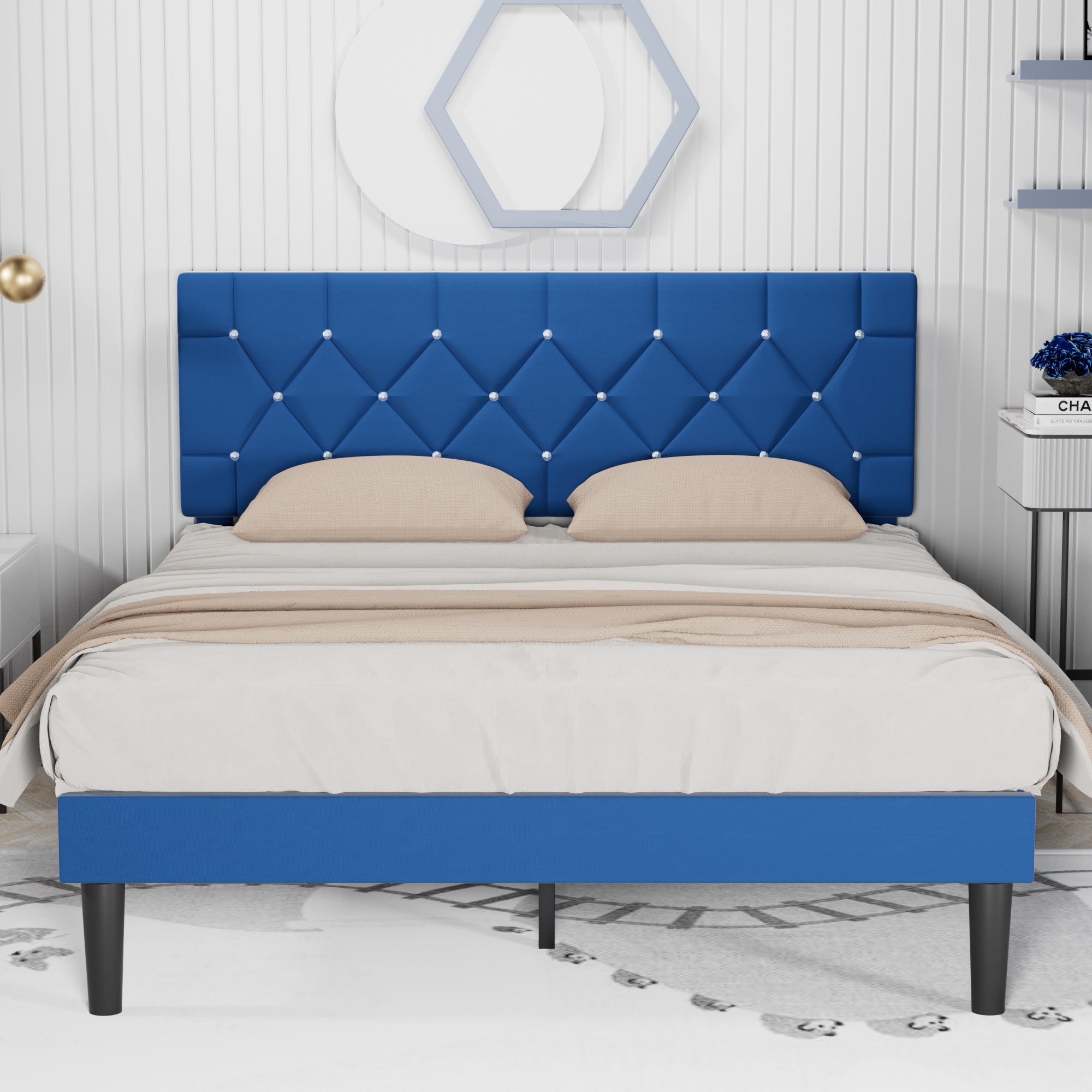Vecelo LOE-HBJQ01BLUV1 Queen Size Bed Frame Upholstered Platform with Adjustable Headboard Wood Slat Support Dark Blue