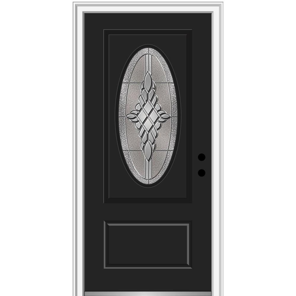 MMI DOOR ZZ3667325L 36-in x 80-in x 4-9/16-in Fiberglass Oval lite Left-hand inswing Black Painted Prehung Front Door with Brickmould Insulating core