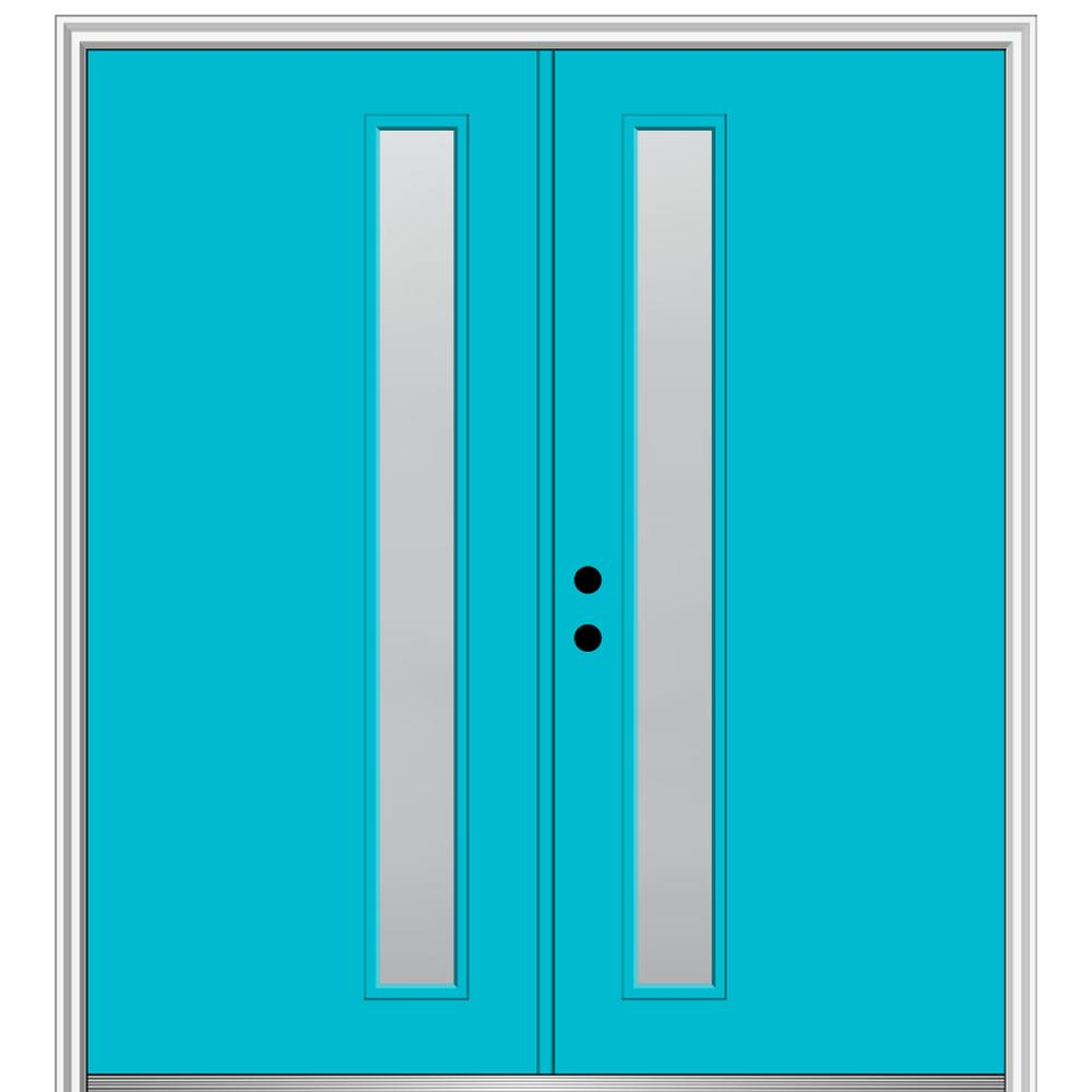 MMI DOOR ZZ349751R Spotlights 60-in x 80-in x 6-9/16-in Fiberglass Pulse lite Right-hand inswing Bahama Blue Painted Prehung Double Front Door with Brickmould Insulating core