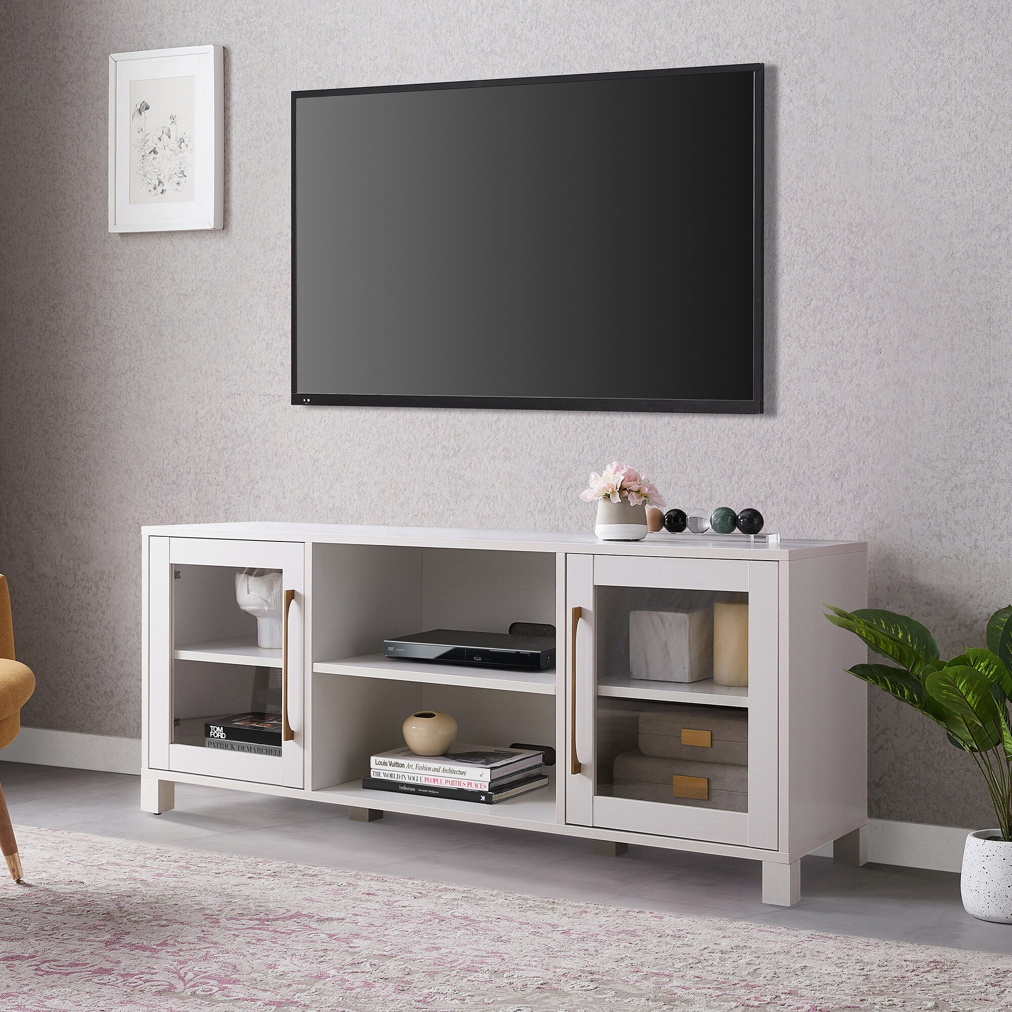 Quincy 58" White TV Stand with Glass Doors