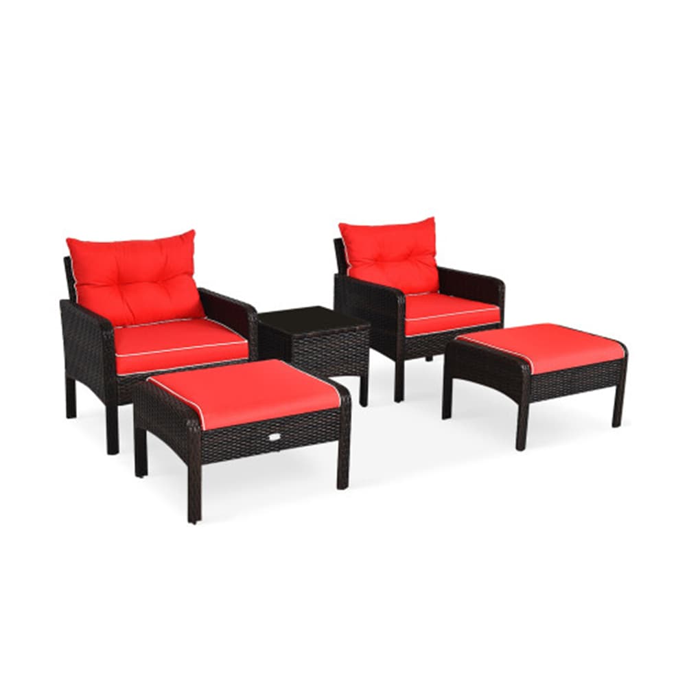 Poinic CWJ68638ARE-X 5 -Piece Rattan Patio Conversation Set with Red Cushions