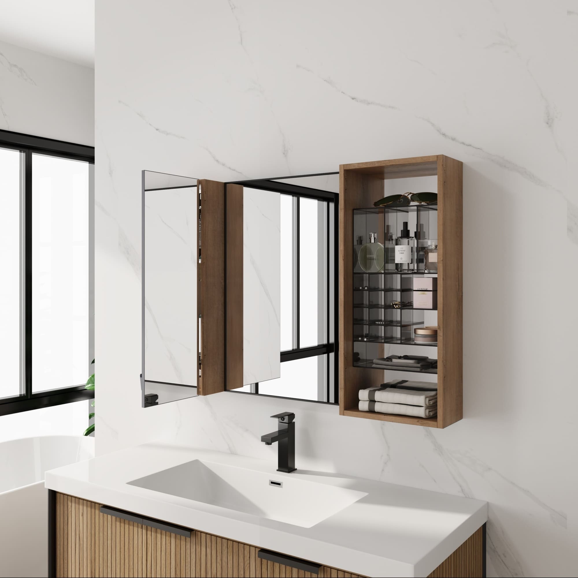 Roomfitters  41.3 Inch Bathroom Mirror Cabinet Storage Combination Mirrored Doors Imitative Oak